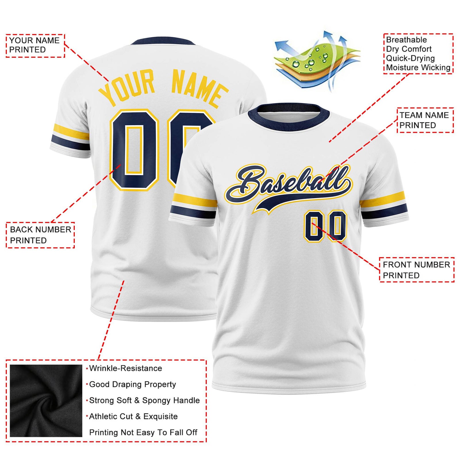 Custom White Gold01-Navy Color Block Design Performance T-Shirt