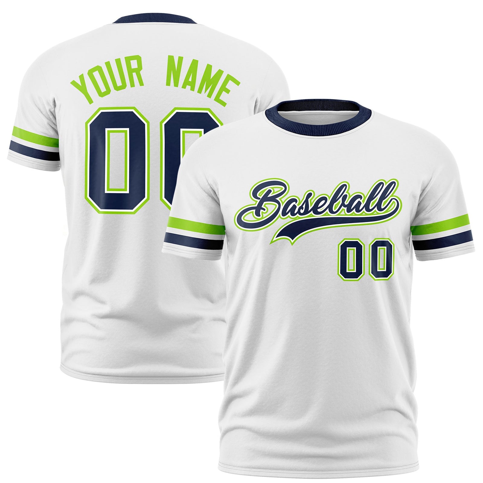 Custom White Neon Green-Navy Color Block Design Performance T-Shirt