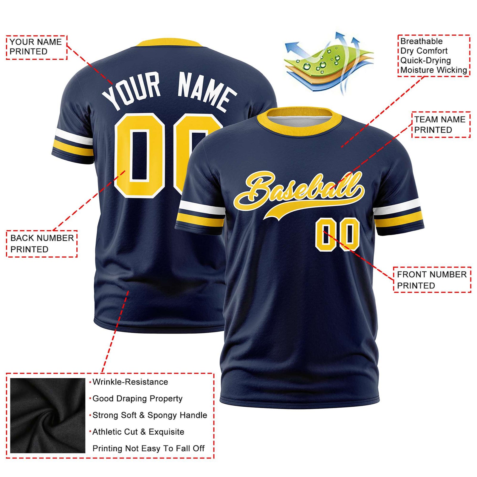Custom Navy White-Gold01 Color Block Design Performance T-Shirt