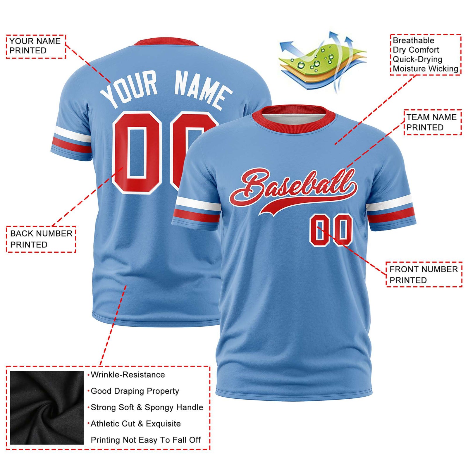 Custom Light Blue White-Red Color Block Design Performance T-Shirt