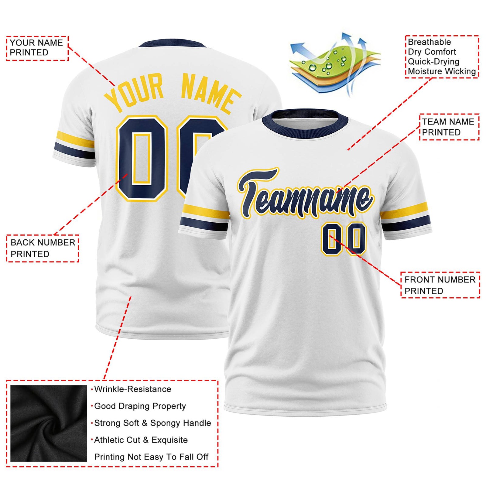 Custom White Gold01-Navy Color Block Design Performance T-Shirt