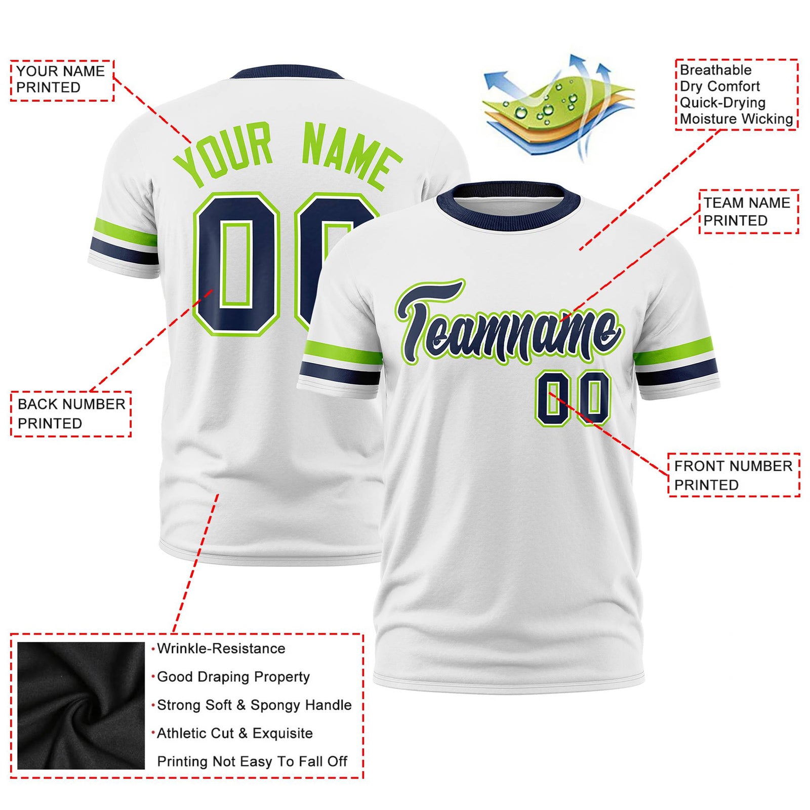 Custom White Neon Green-Navy Color Block Design Performance T-Shirt
