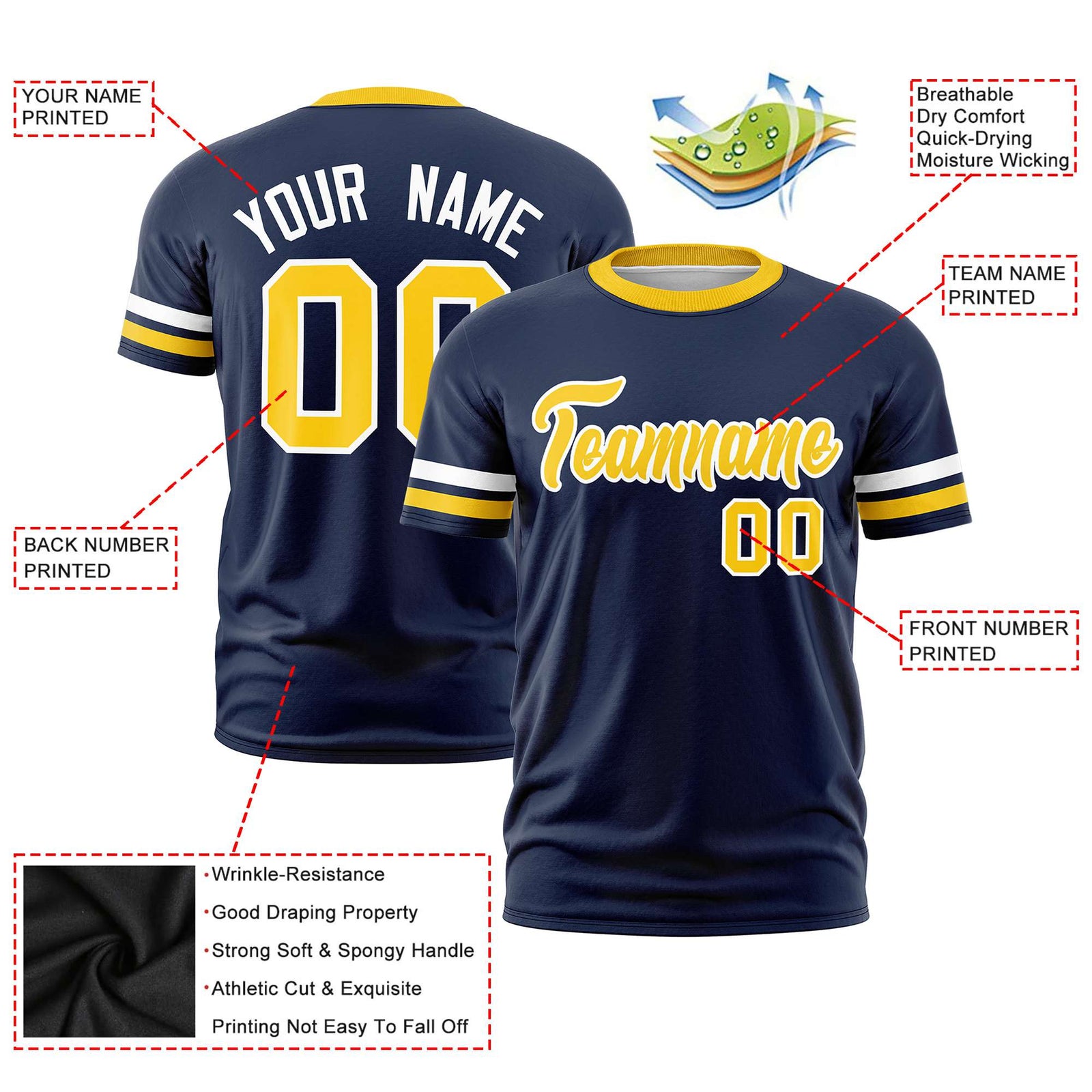 Custom Navy White-Gold01 Color Block Design Performance T-Shirt