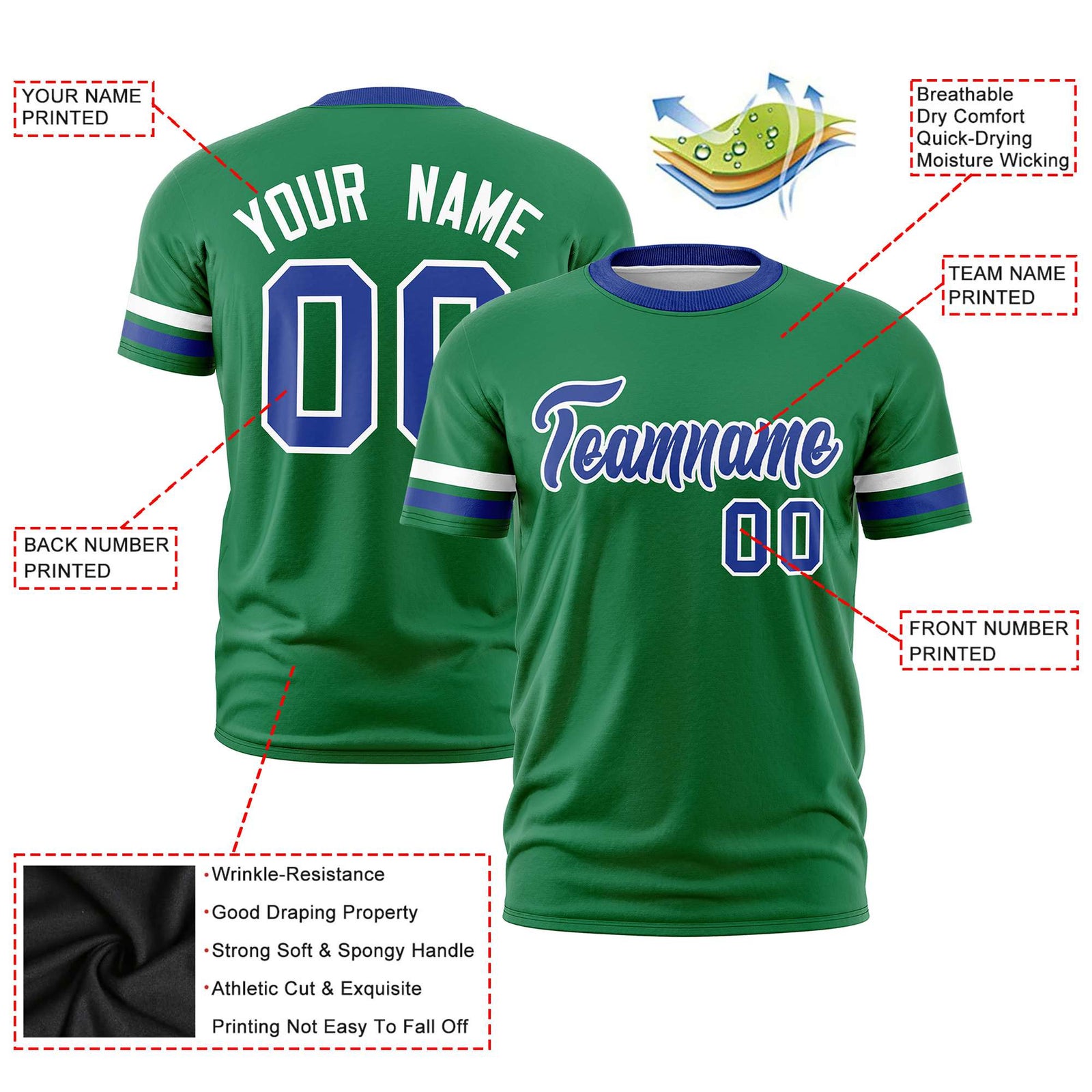 Custom Kelly Green White-Royal Blue Color Block Design Performance T-Shirt