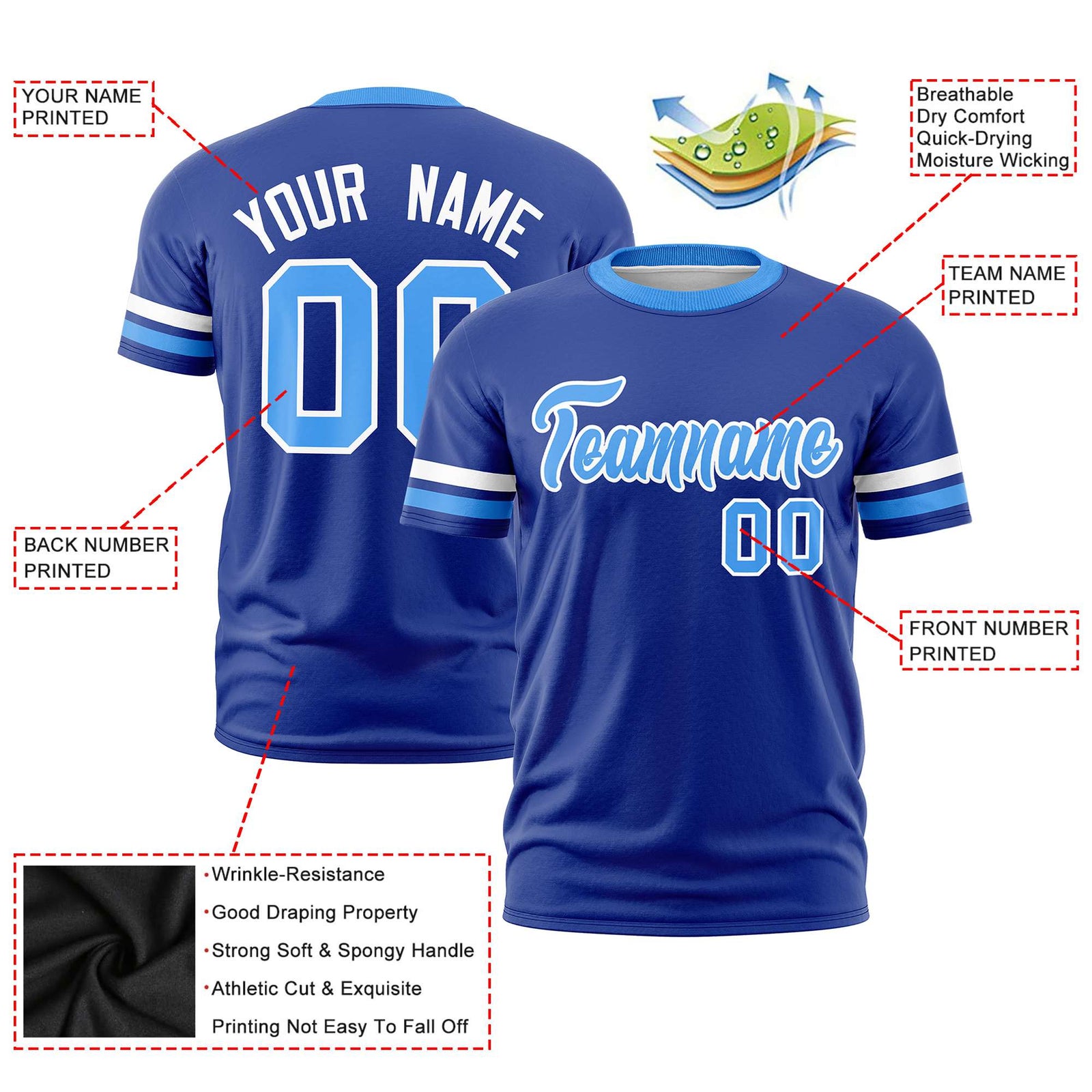 Custom Royal Blue White-Powder Blue Color Block Design Performance T-Shirt