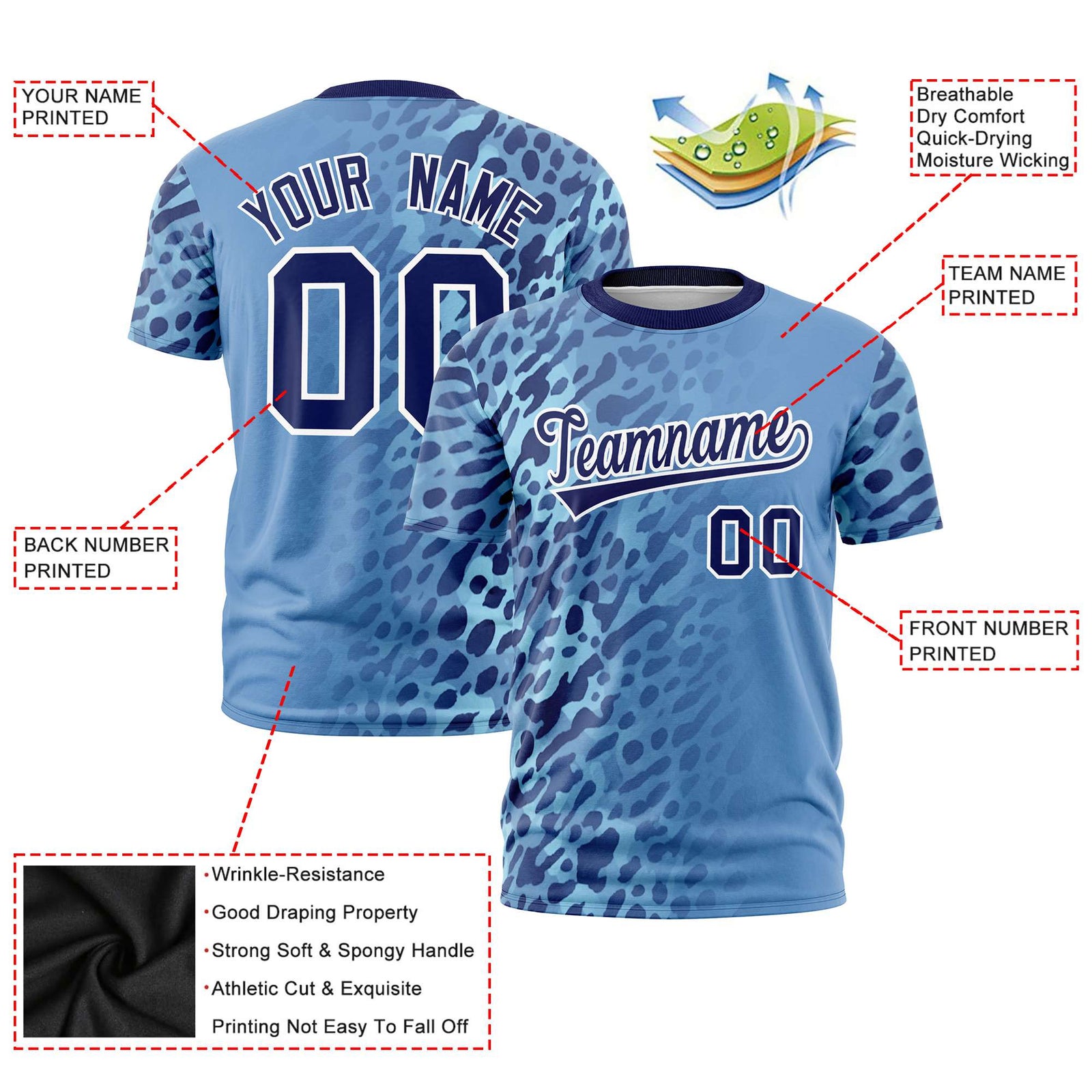 Custom Light Blue Navy Personalized Leopard Print Graffiti Pattern Performance T-Shirt