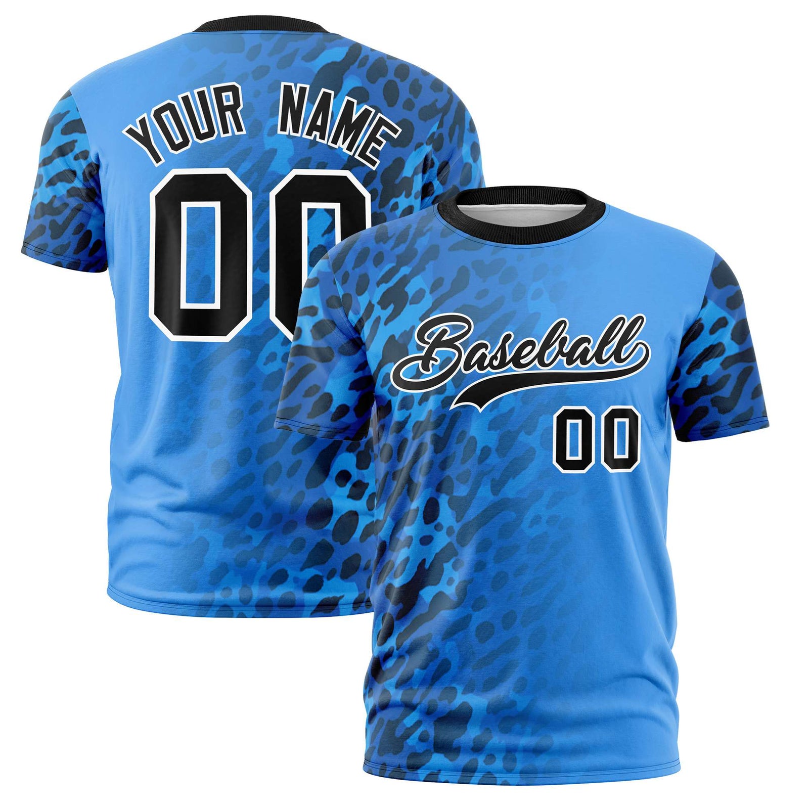 Custom Powder Blue Black Personalized Leopard Print Graffiti Pattern Performance T-Shirt