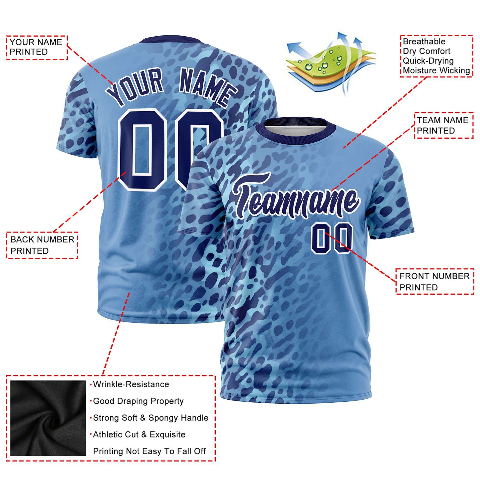 Custom Light Blue Navy Personalized Leopard Print Graffiti Pattern Performance T-Shirt