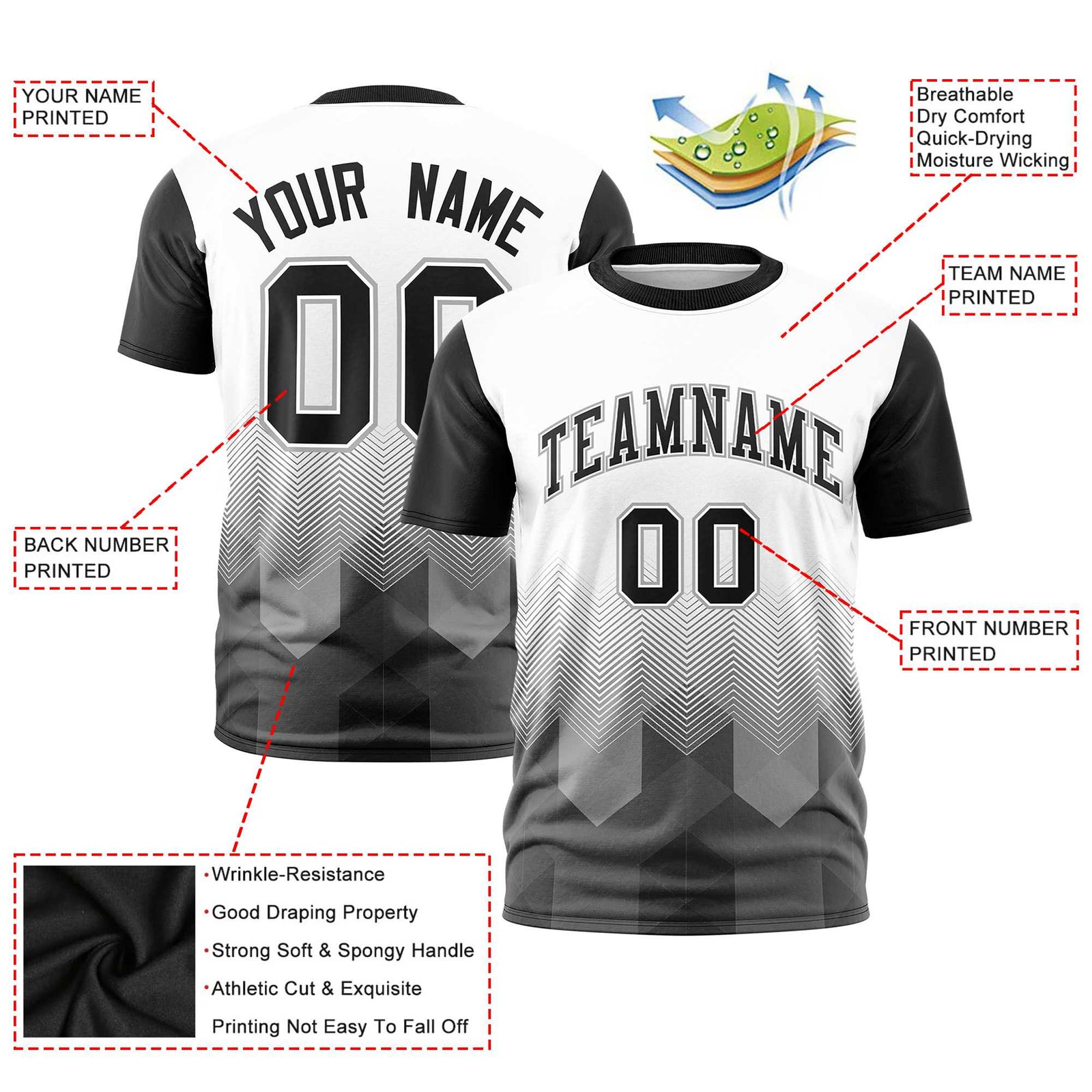 Custom White Black Gradient Ripple Fashion Raglan Sleeves Performance T-Shirt