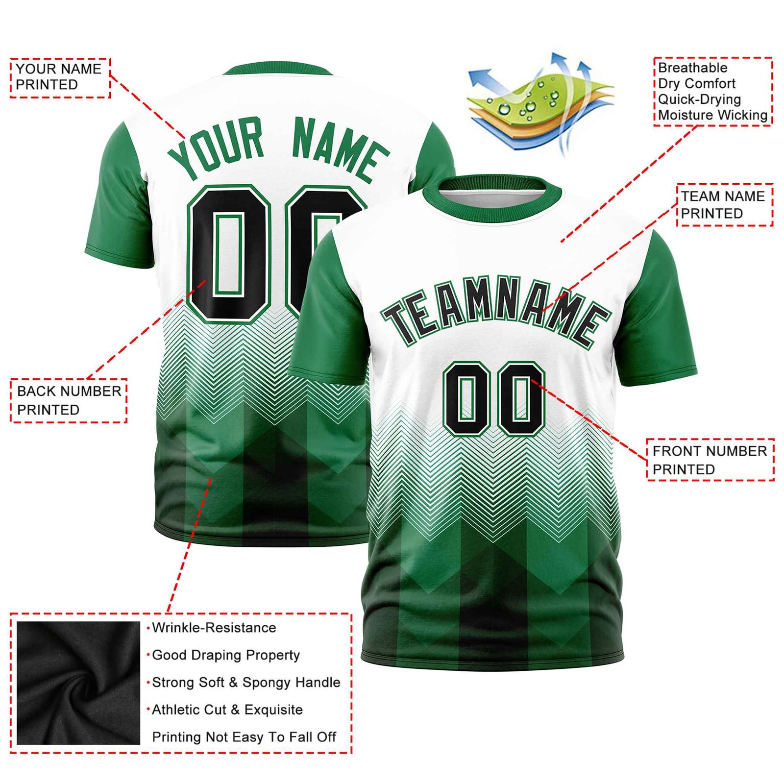 Custom White Kelly Green Gradient Ripple Fashion Raglan Sleeves Performance T-Shirt