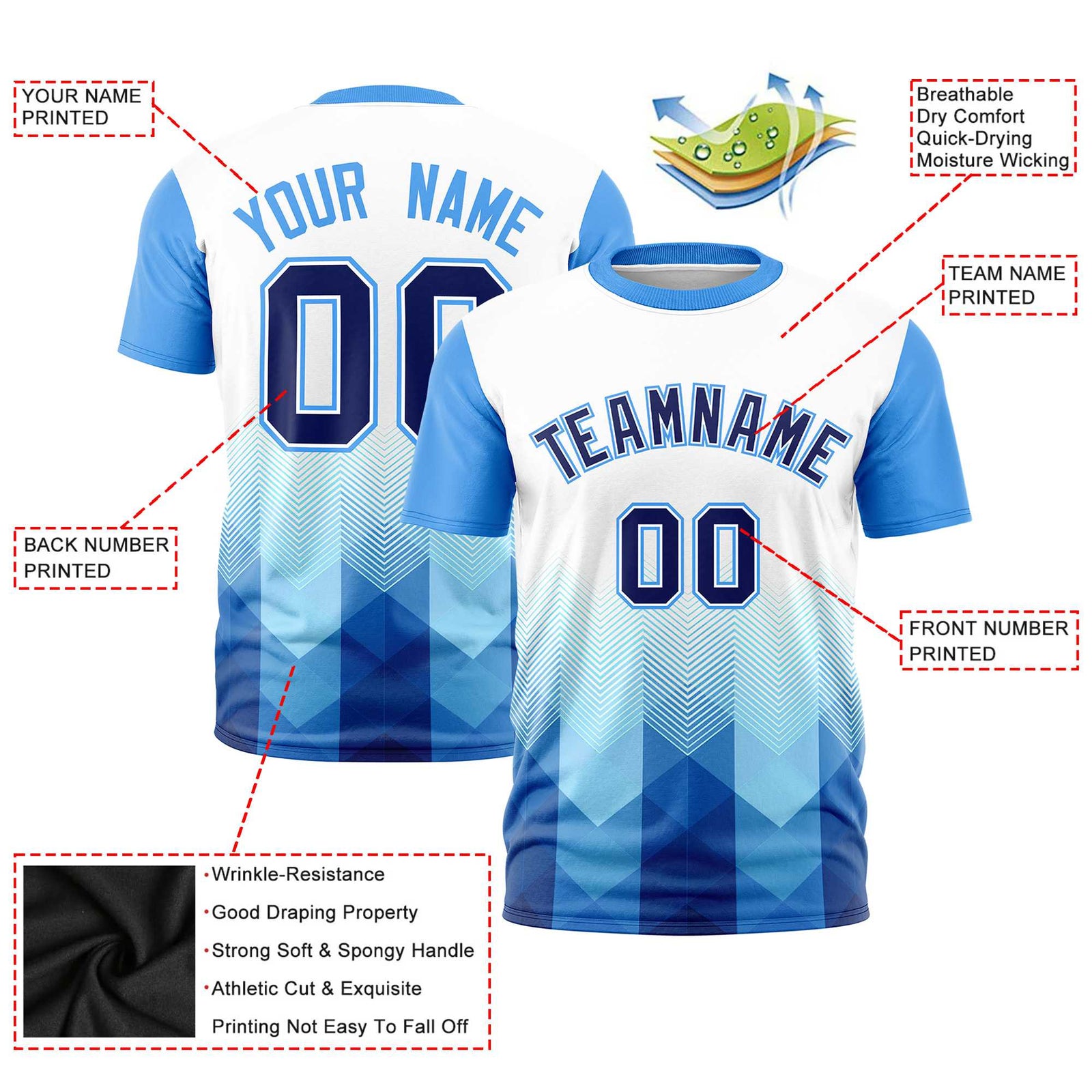 Custom White Powder Blue Gradient Ripple Fashion Raglan Sleeves Performance T-Shirt