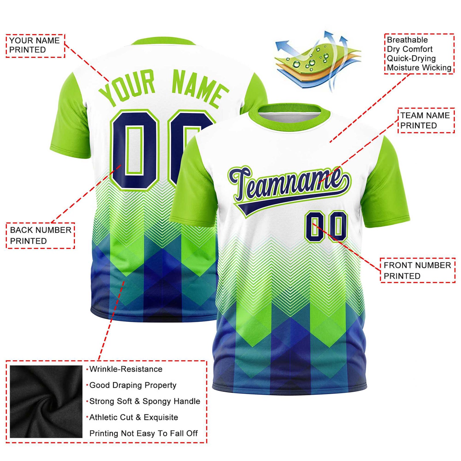 Custom White Neon Green Gradient Ripple Fashion Raglan Sleeves Performance T-Shirt