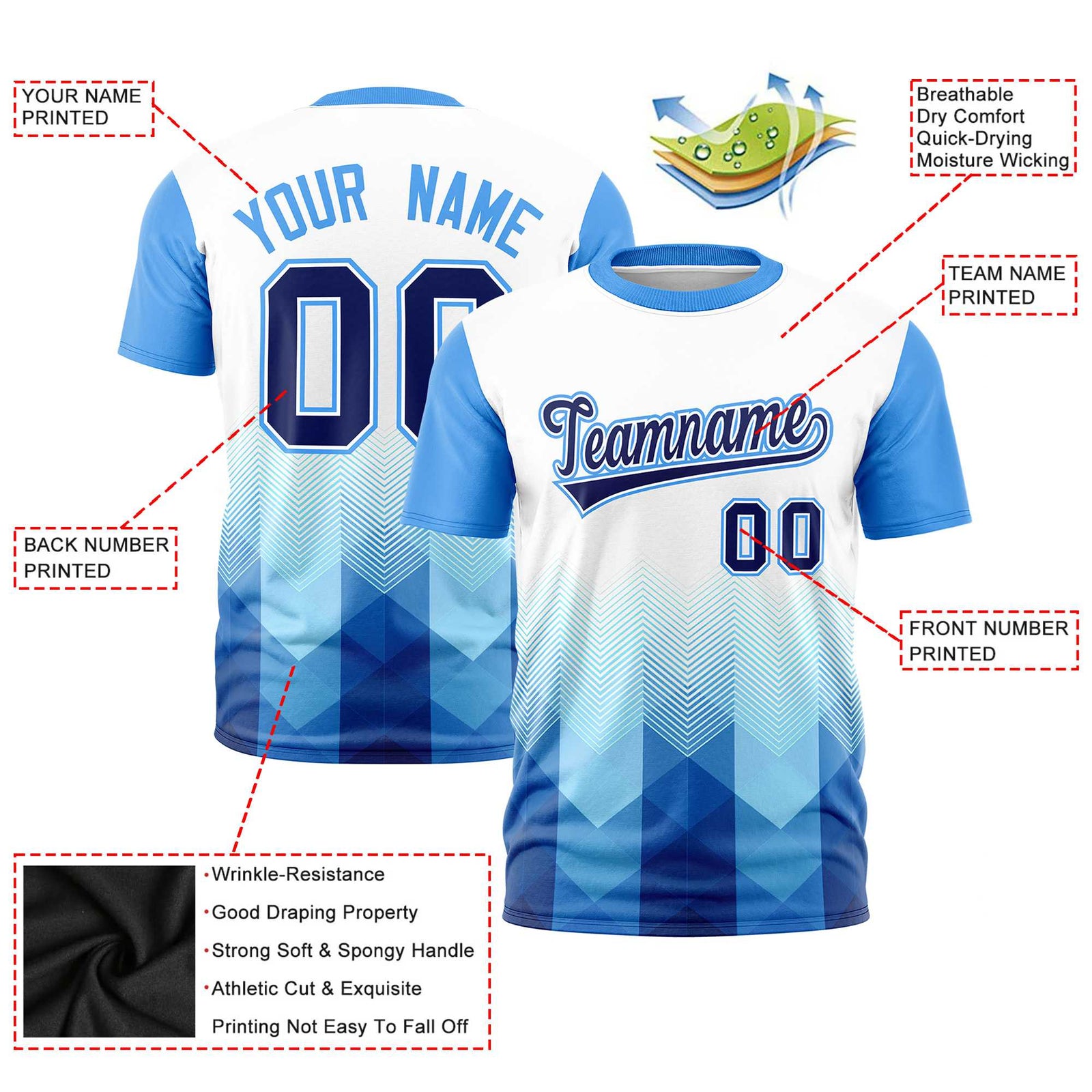Custom White Powder Blue Gradient Ripple Fashion Raglan Sleeves Performance T-Shirt