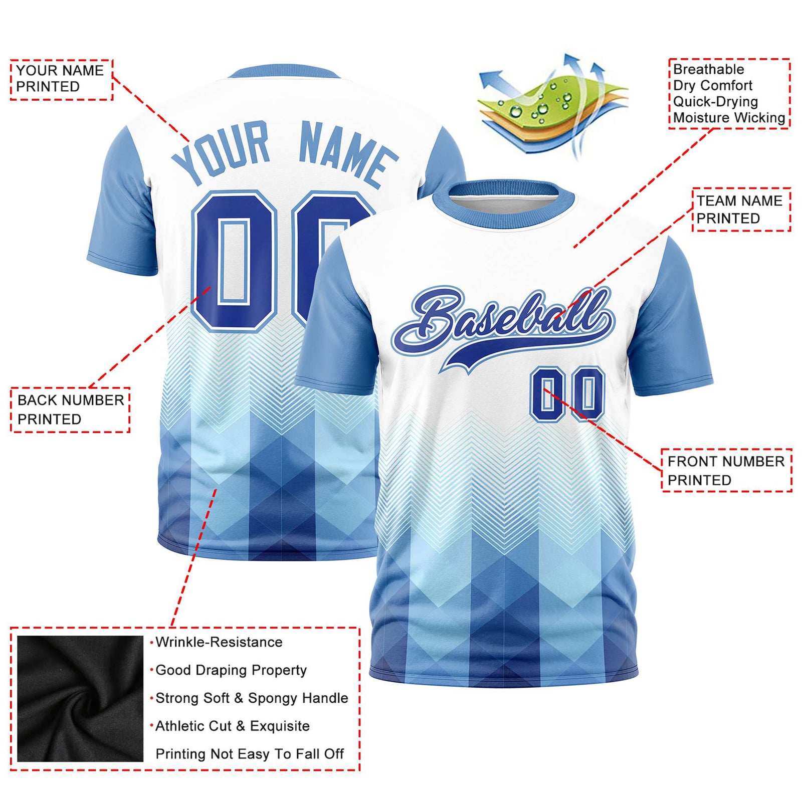 Custom White Light Blue Gradient Ripple Fashion Raglan Sleeves Performance T-Shirt