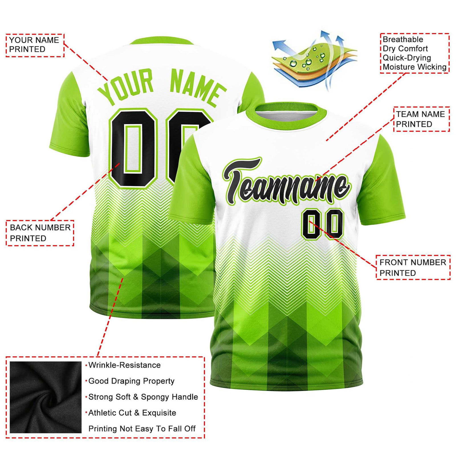 Custom White Neon Green Gradient Ripple Fashion Raglan Sleeves Performance T-Shirt