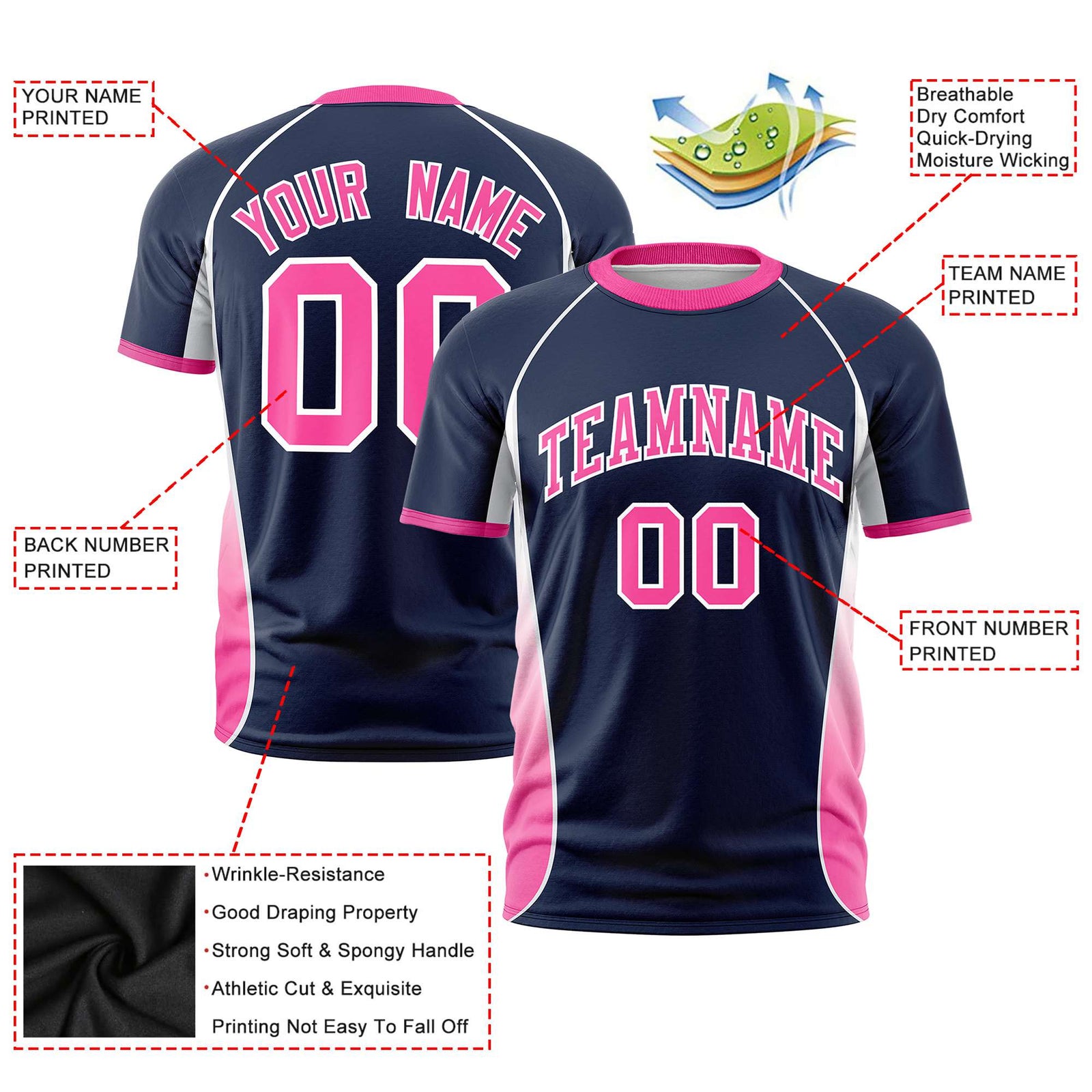 Custom Navy White-Pink Crew neck Side Gradient Fashion Performance T-Shirt