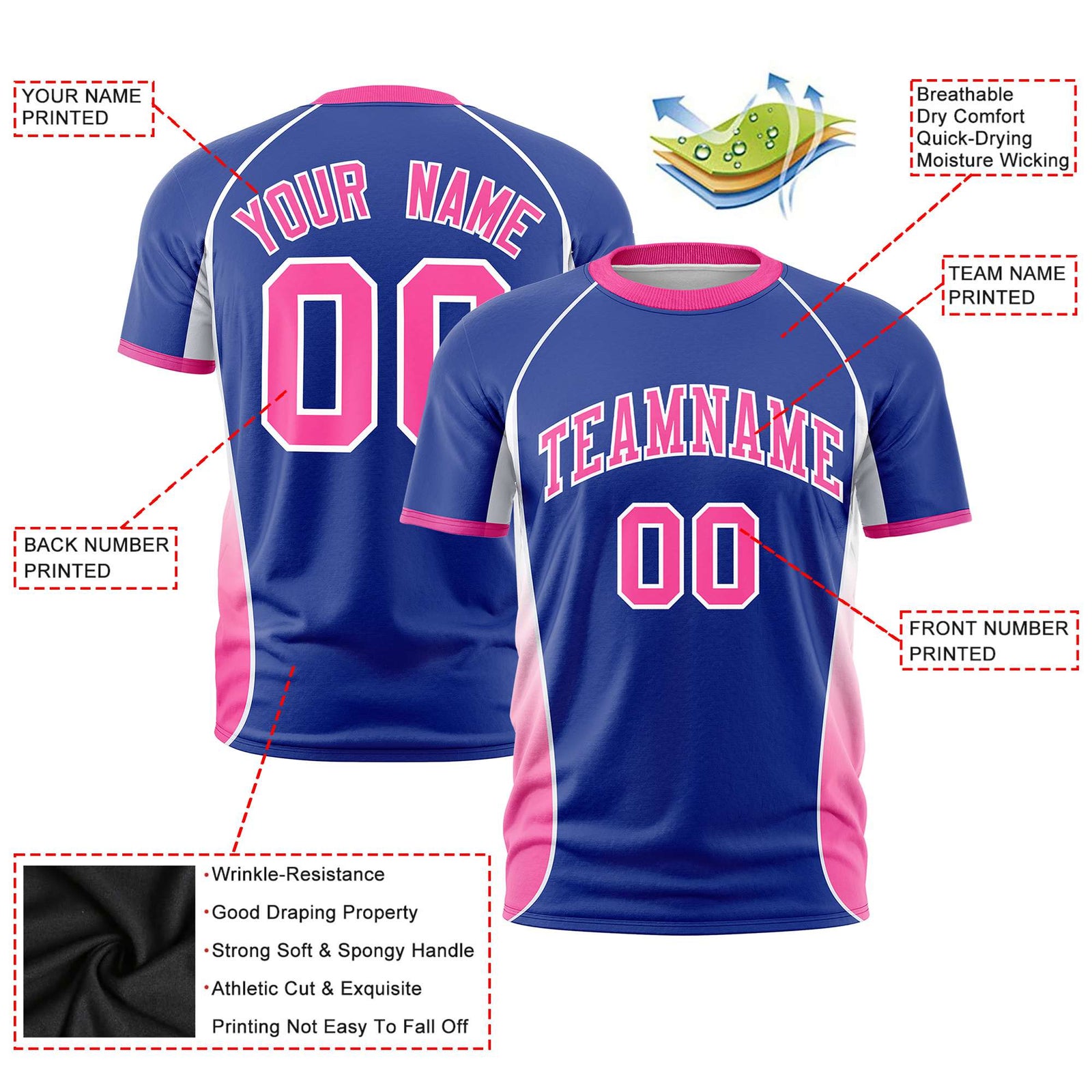 Custom Royal Blue White-Pink Crew neck Side Gradient Fashion Performance T-Shirt