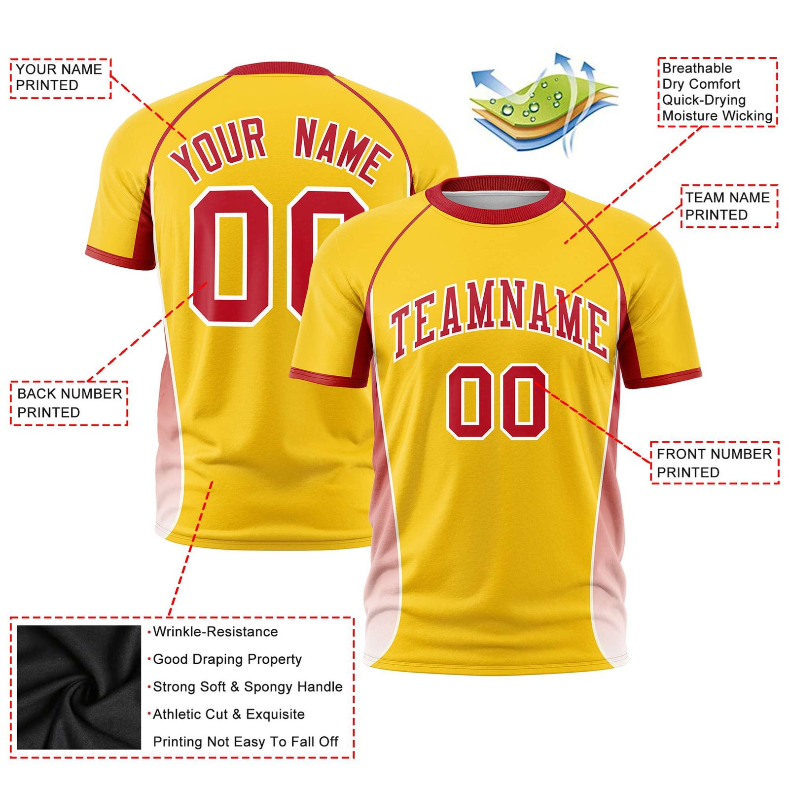 Custom Gold 01 Red-White Crew neck Side Gradient Fashion Performance T-Shirt