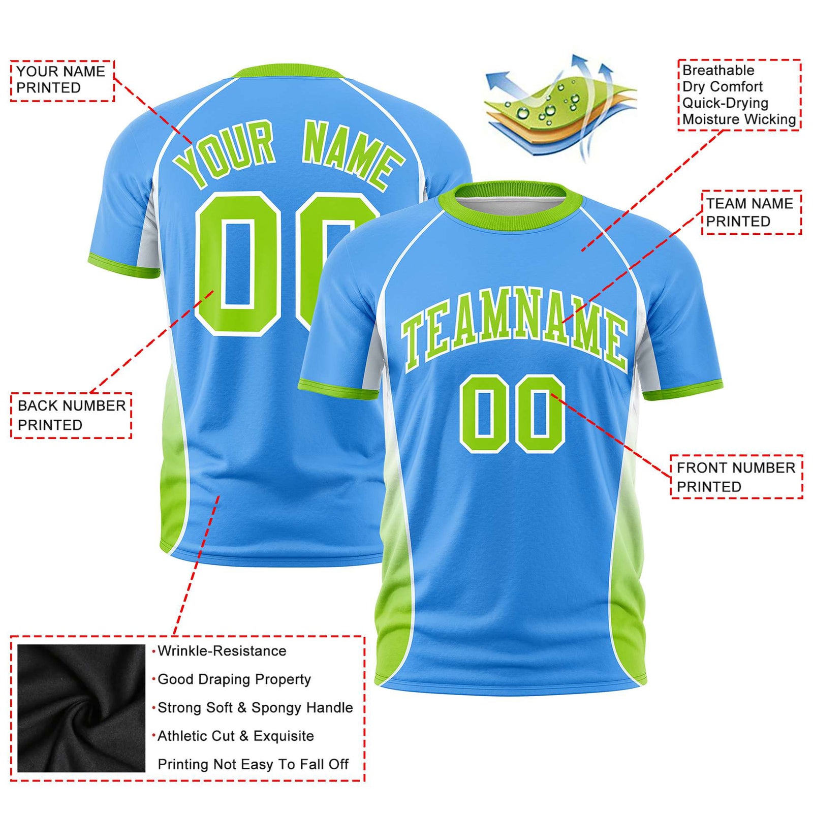 Custom Powder Blue White-Neon Green Crew neck Side Gradient Fashion Performance T-Shirt