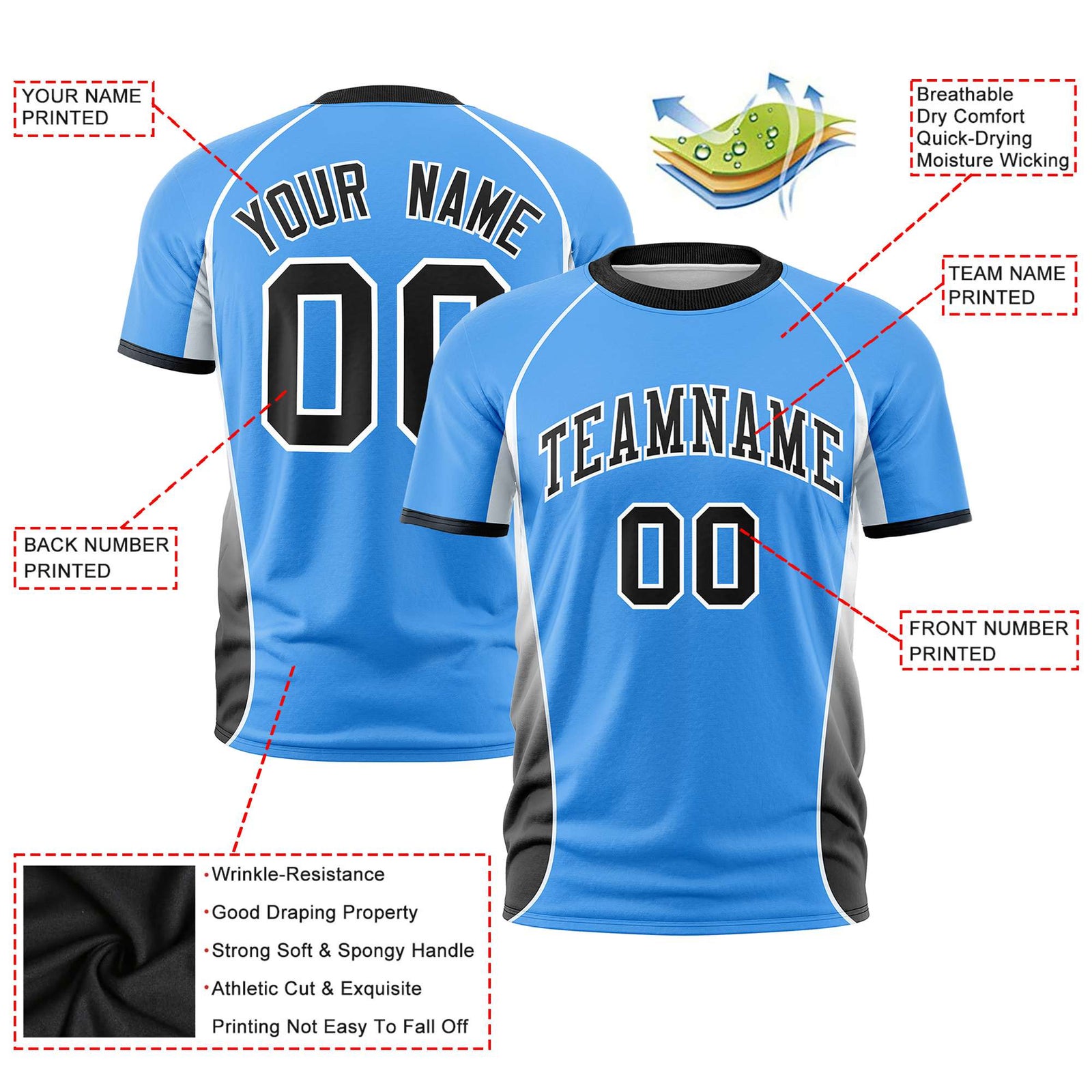 Custom Powder Blue White-Black Crew neck Side Gradient Fashion Performance T-Shirt
