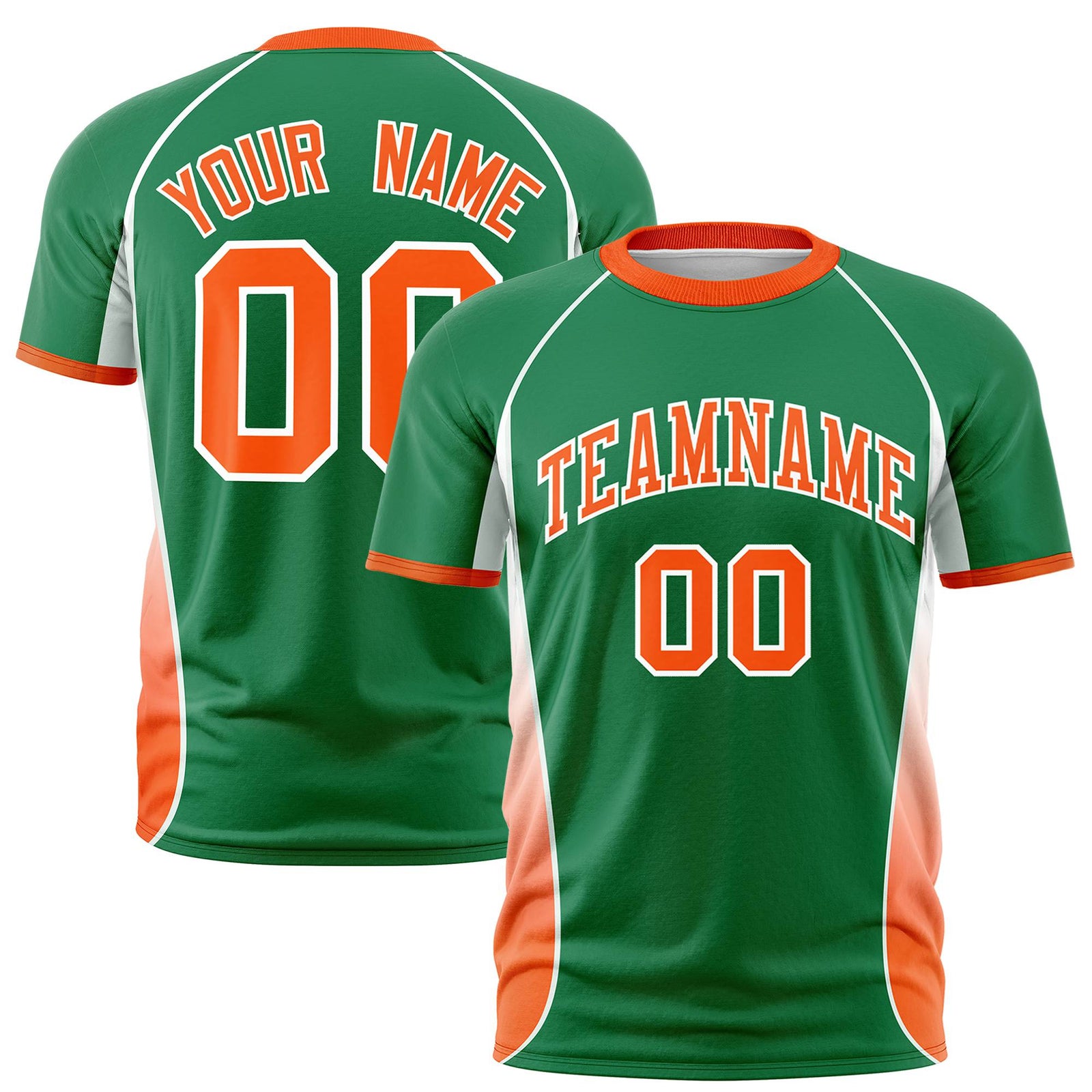 Custom Kelly Green White-Orange Crew neck Side Gradient Fashion Performance T-Shirt