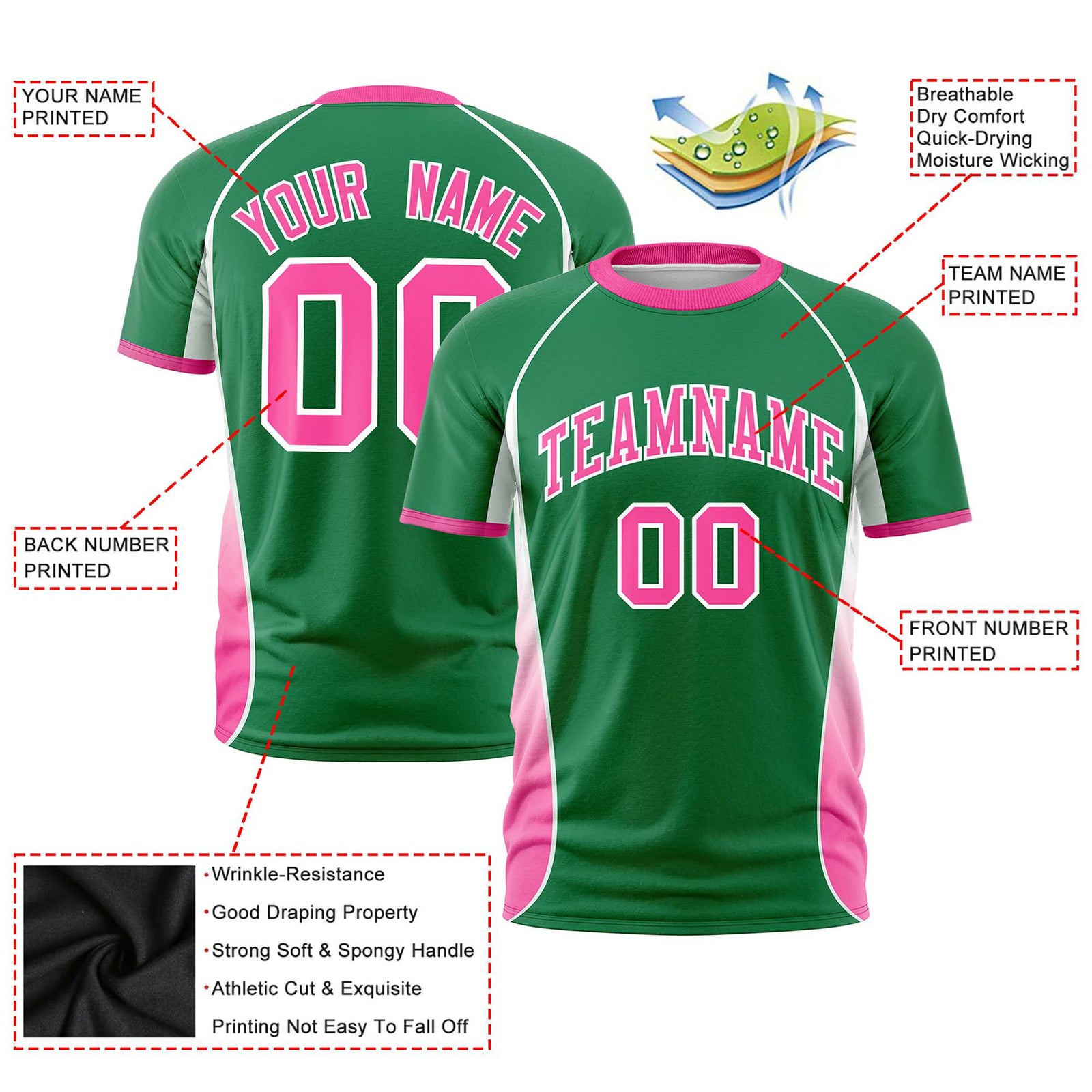 Custom Kelly Green White-Pink Crew neck Side Gradient Fashion Performance T-Shirt
