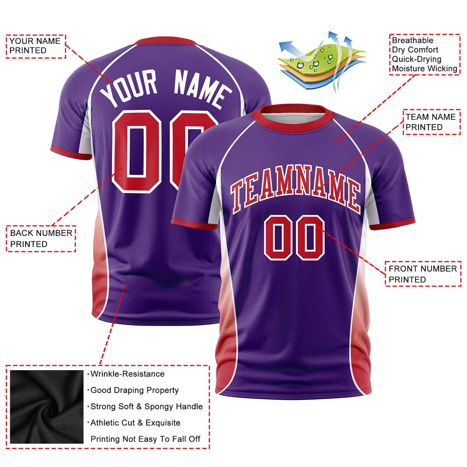 Custom Purple White-Red Crew neck Side Gradient Fashion Performance T-Shirt