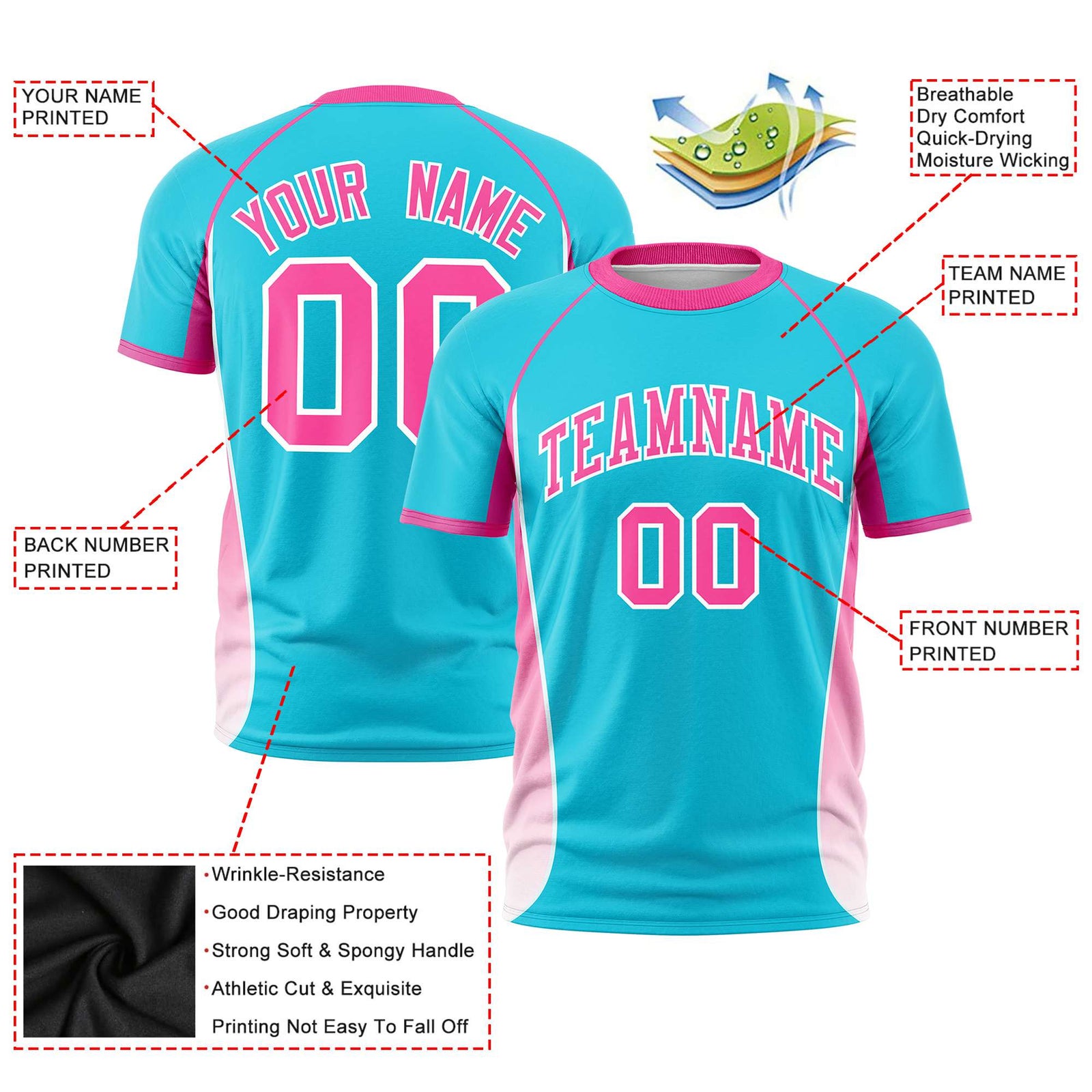 Custom Sky Blue Pink-White Crew neck Side Gradient Fashion Performance T-Shirt