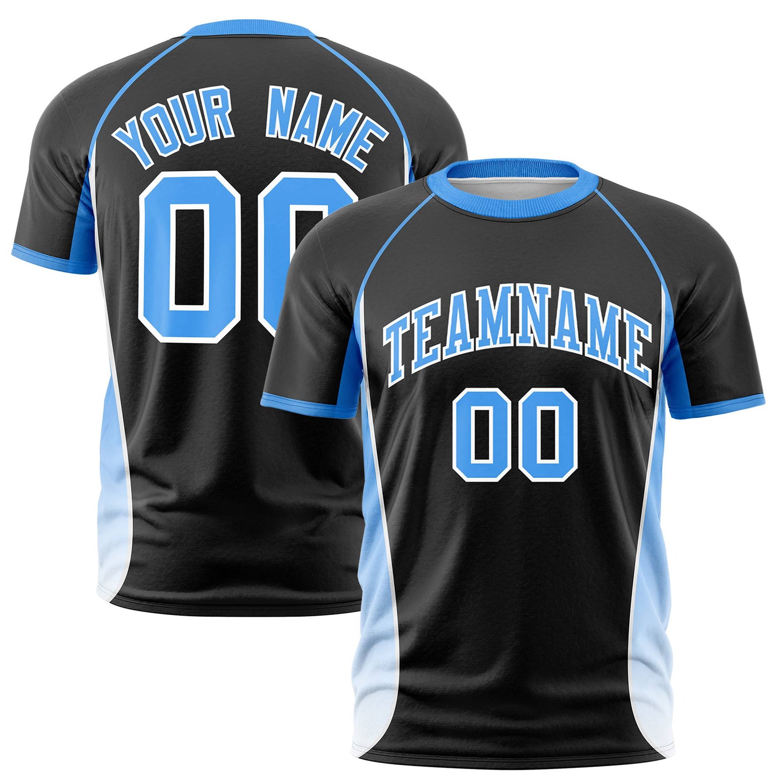 Custom Black Powder Blue-White Crew neck Side Gradient Fashion Performance T-Shirt