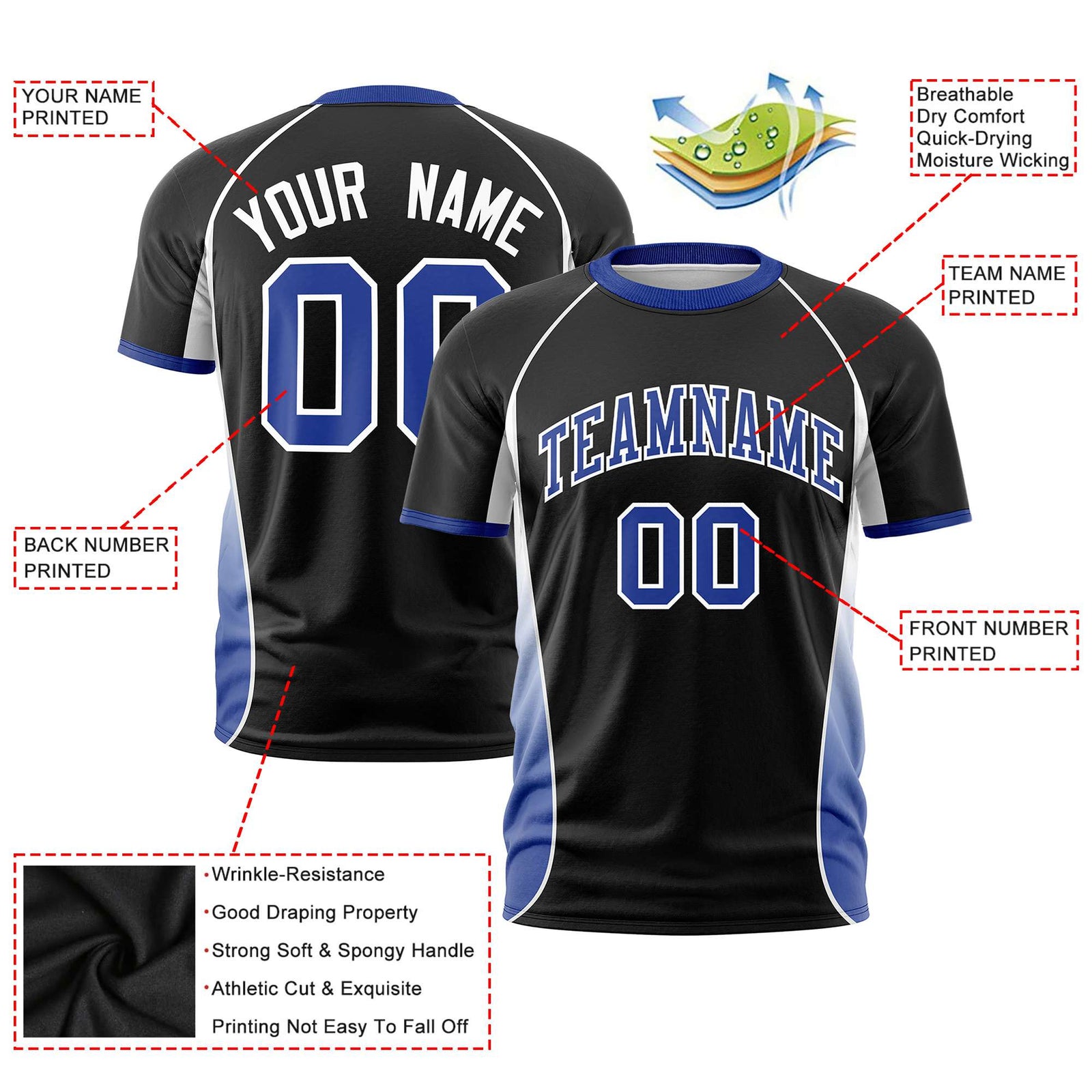 Custom Black White-Royal Blue Crew neck Side Gradient Fashion Performance T-Shirt