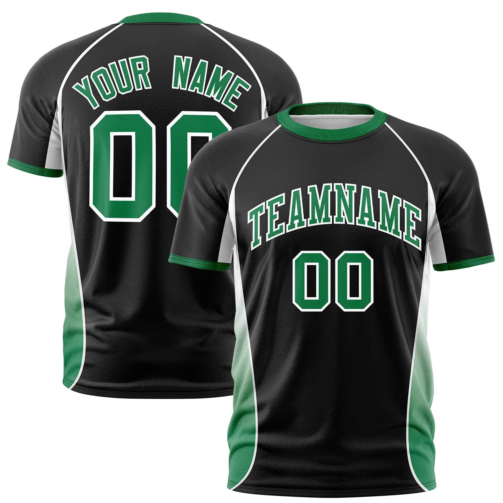 Custom Black White-Kelly Green Crew neck Side Gradient Fashion Performance T-Shirt