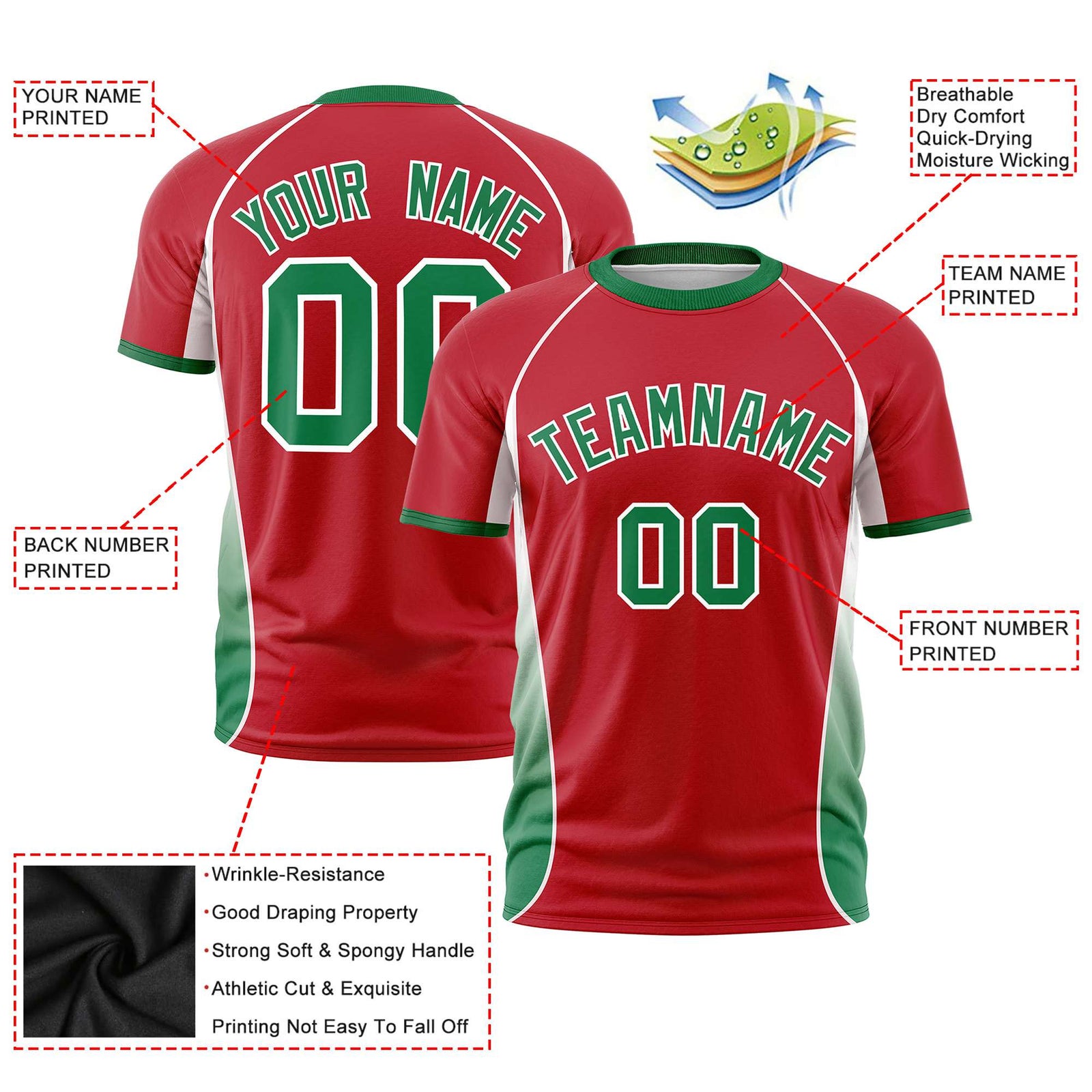 Custom Red White-Kelly Green Crew neck Side Gradient Fashion Performance T-Shirt