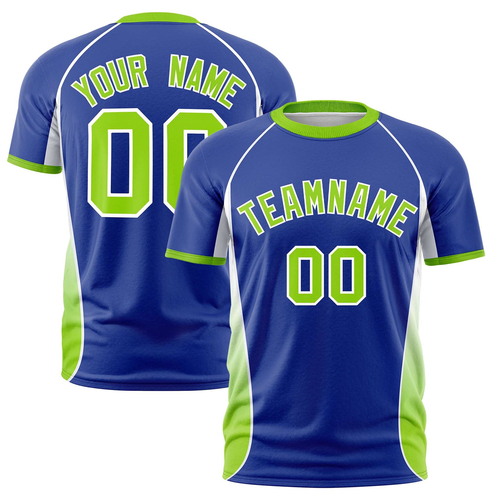 Custom Royal Blue White-Neon Green Crew neck Side Gradient Fashion Performance T-Shirt