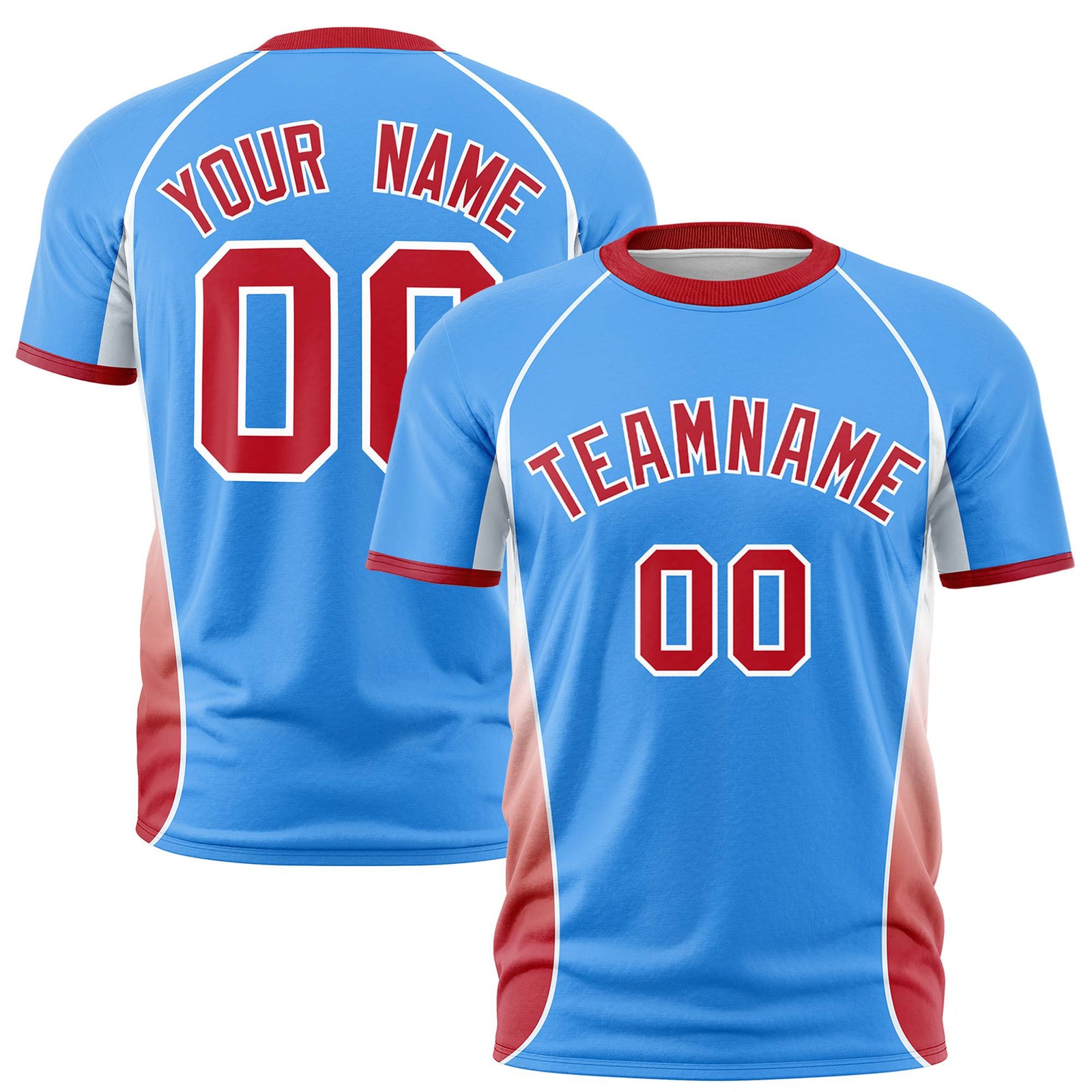 Custom Powder Blue White-Red Crew neck Side Gradient Fashion Performance T-Shirt