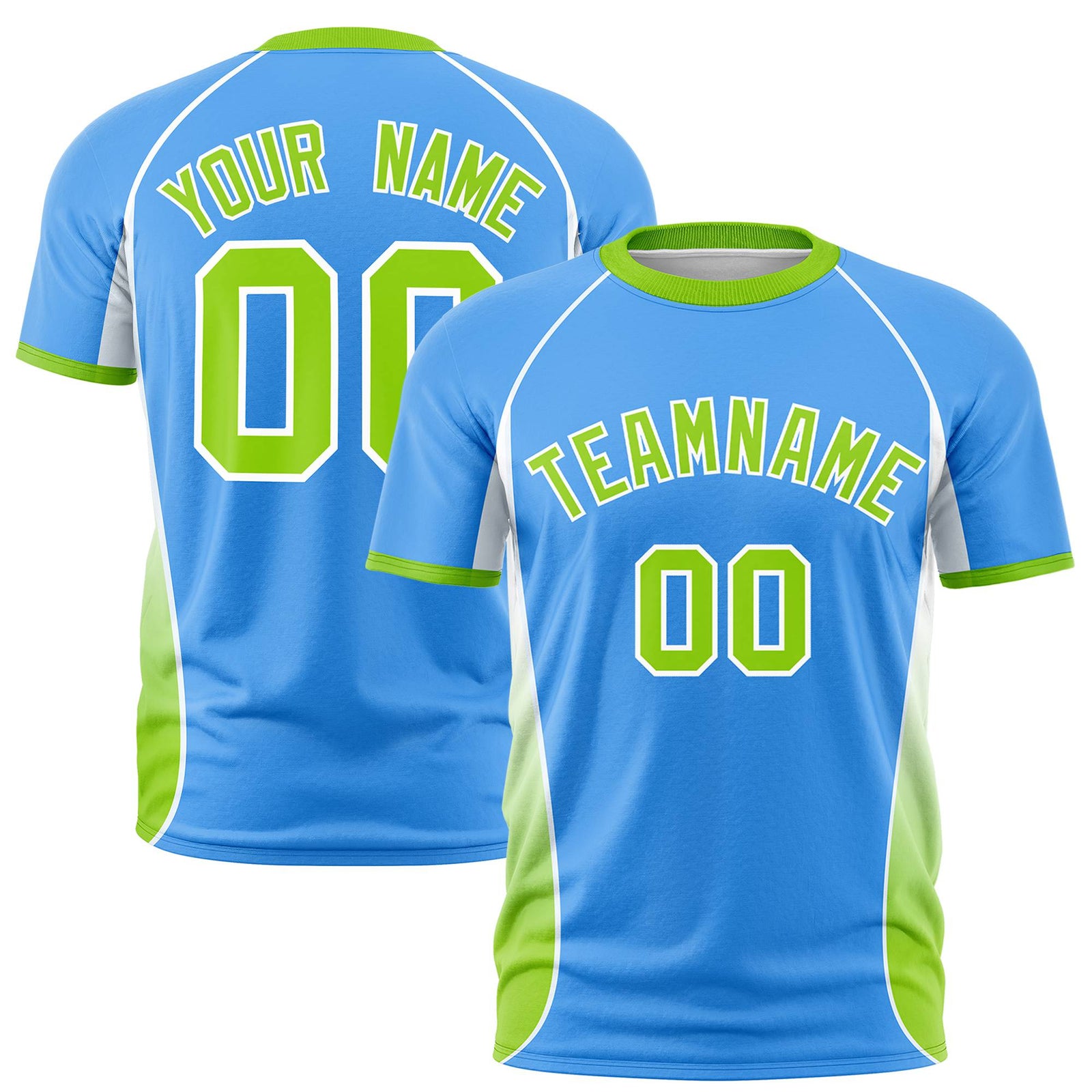 Custom Powder Blue White-Neon Green Crew neck Side Gradient Fashion Performance T-Shirt