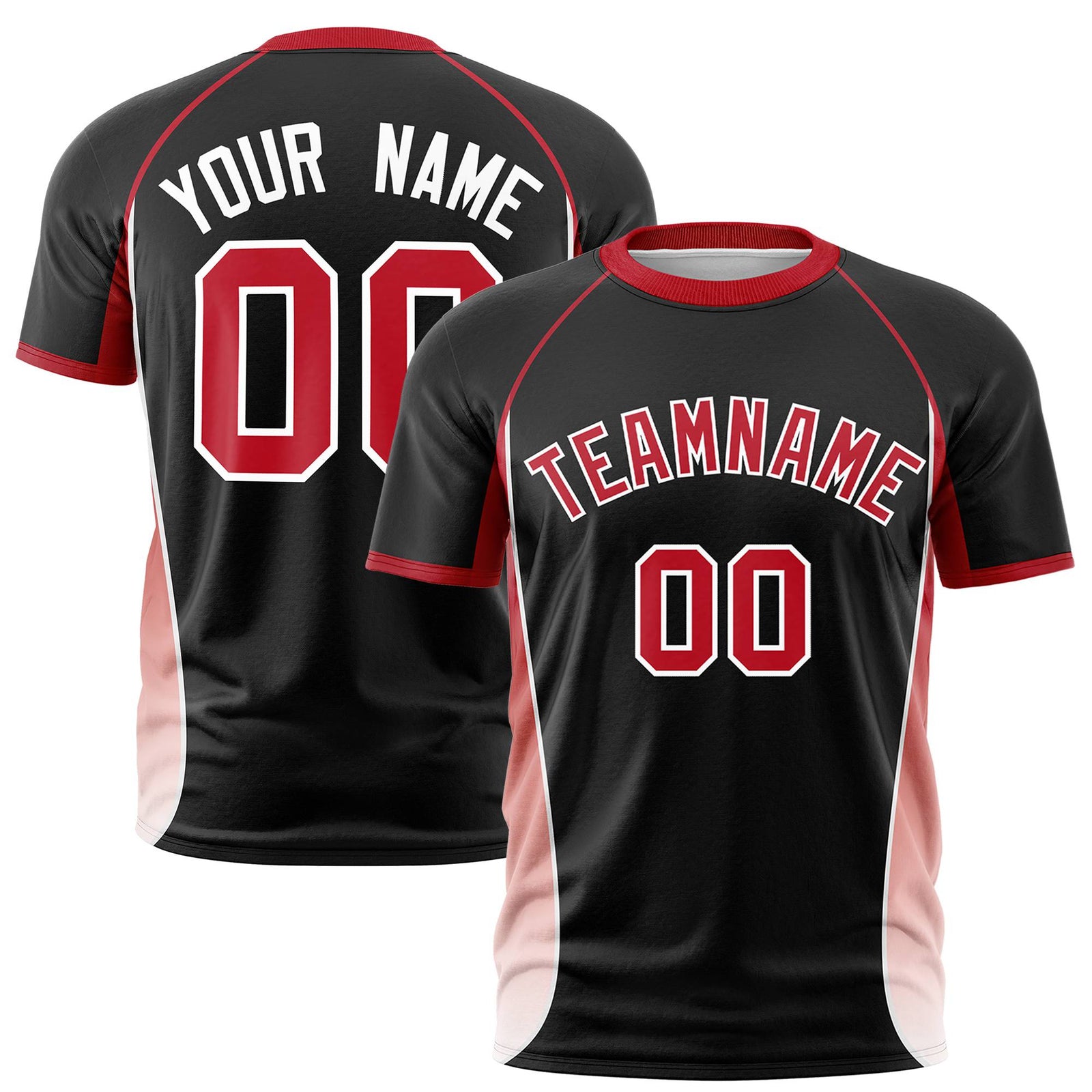 Custom Black Red-White Crew neck Side Gradient Fashion Performance T-Shirt
