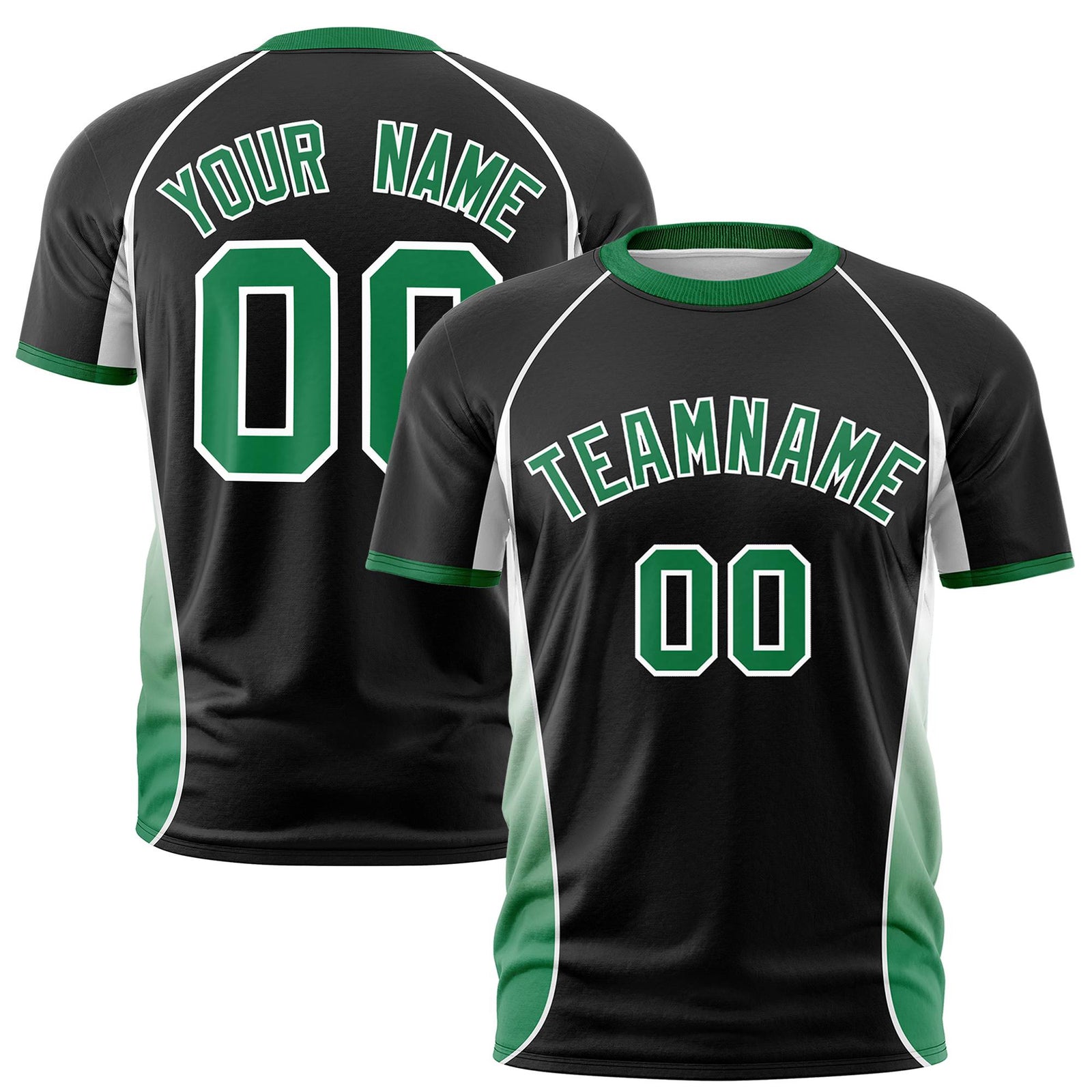 Custom Black White-Kelly Green Crew neck Side Gradient Fashion Performance T-Shirt