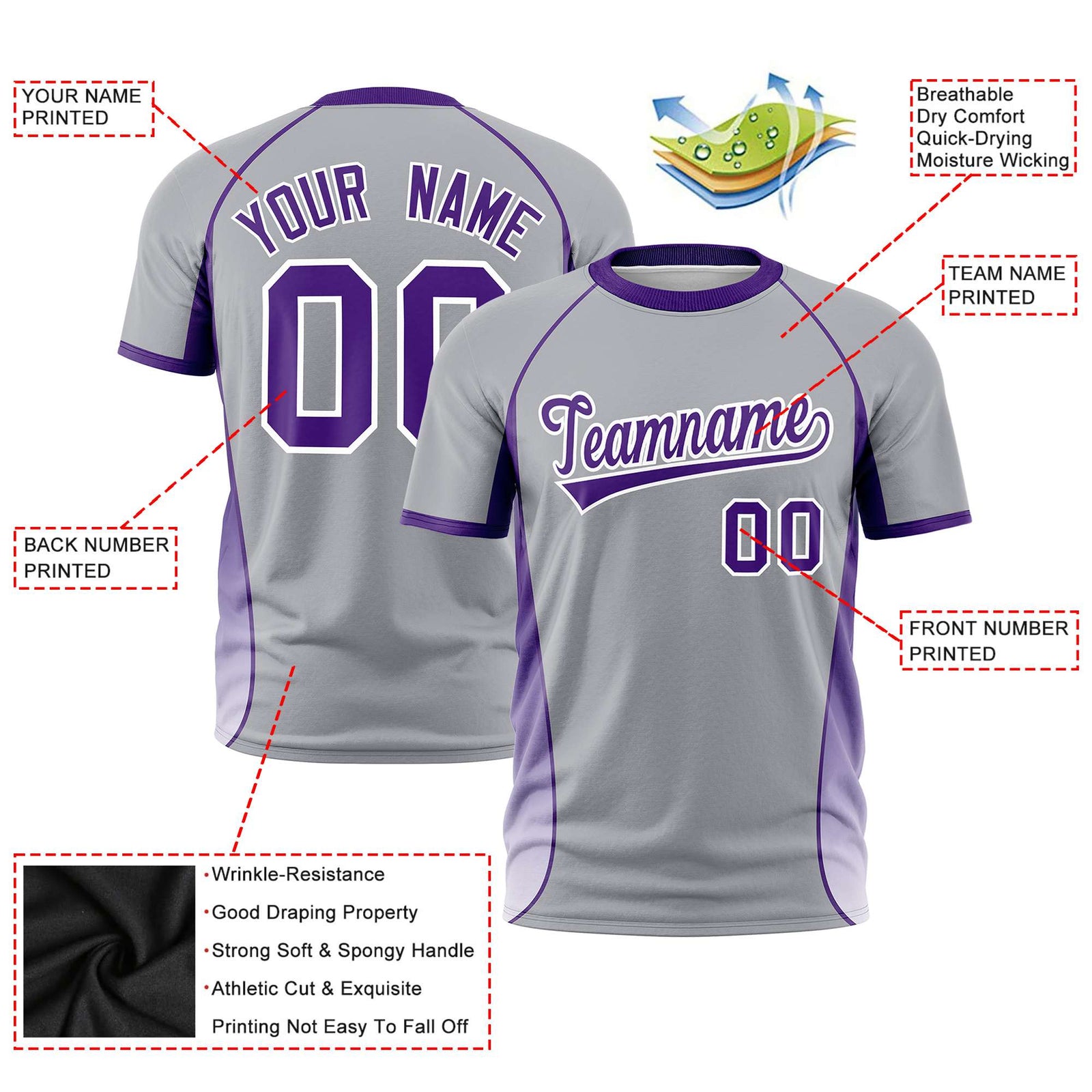 Custom Gray Purple-White Crew neck Side Gradient Fashion Performance T-Shirt