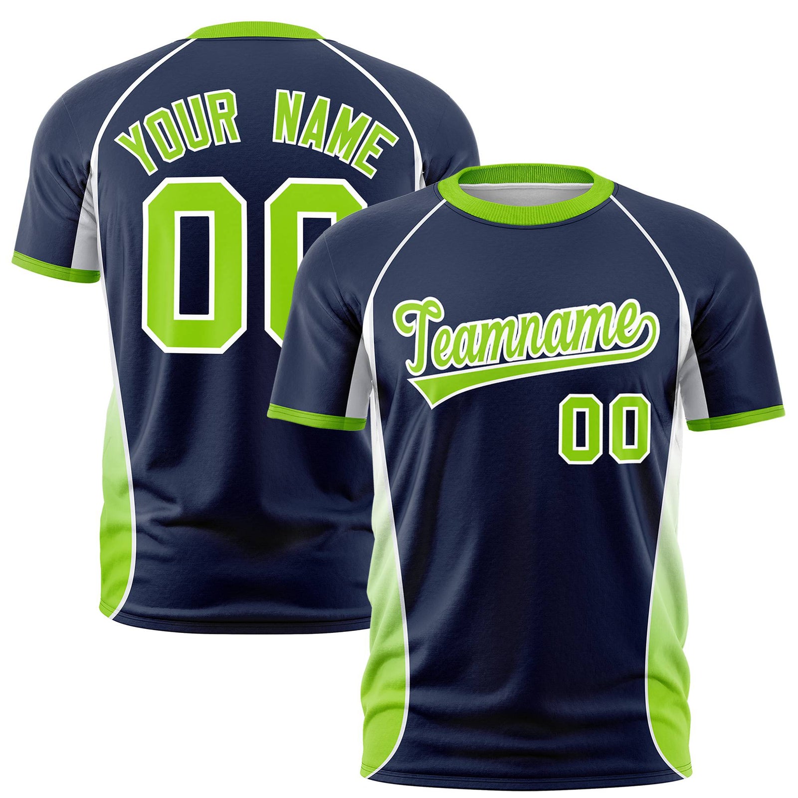 Custom Navy White-Neon Green Crew neck Side Gradient Fashion Performance T-Shirt