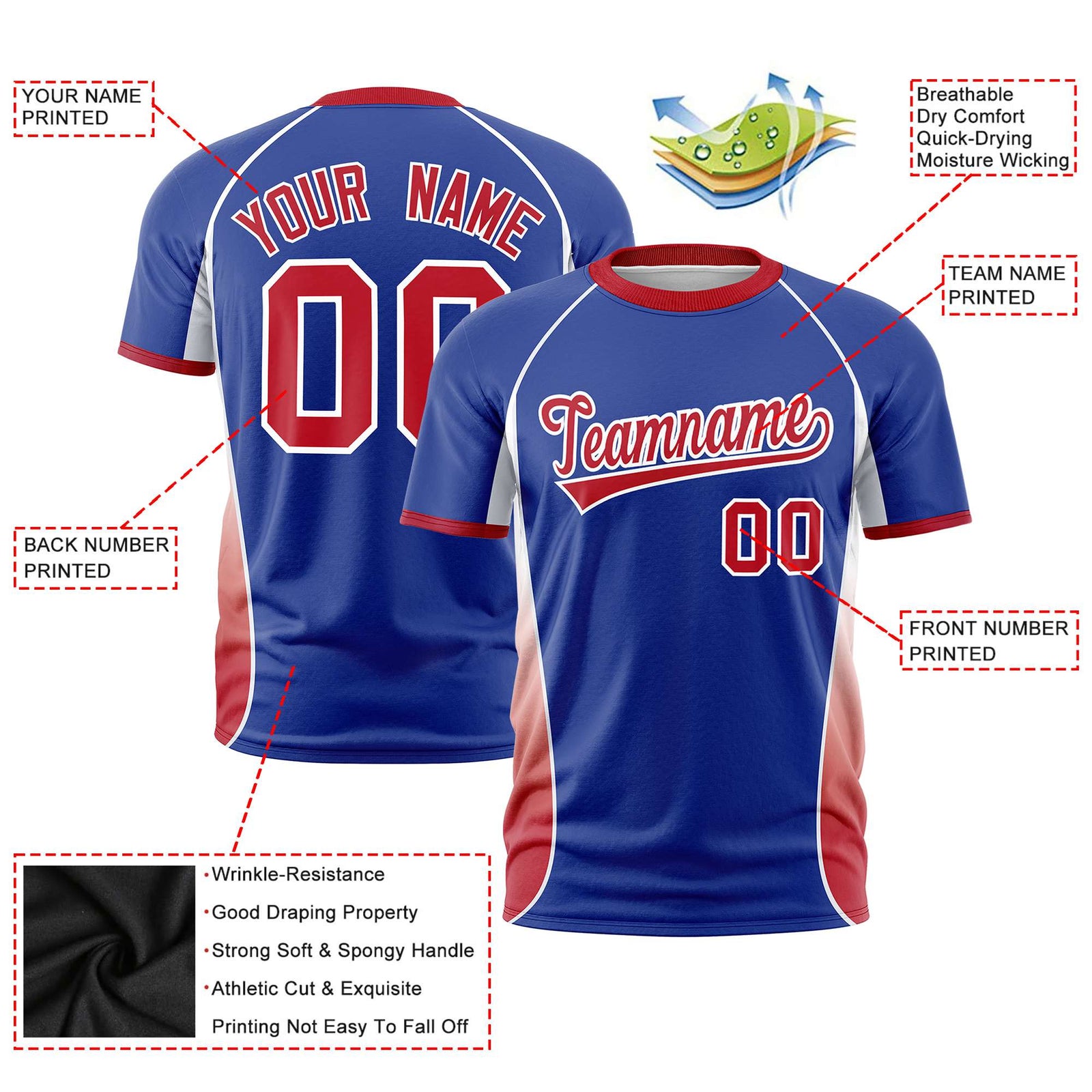 Custom Royal Blue White-Red Crew neck Side Gradient Fashion Performance T-Shirt