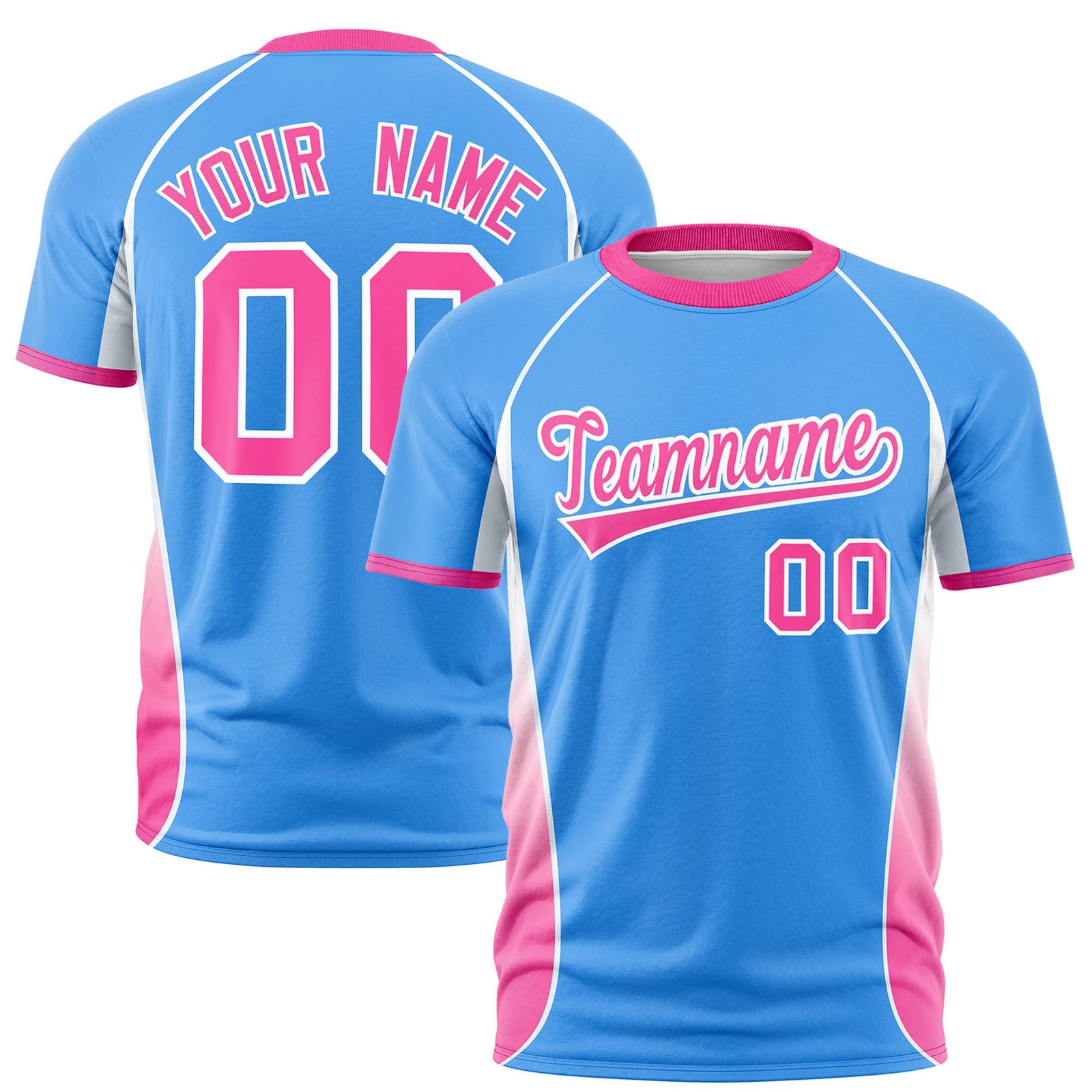 Custom Powder Blue White-Pink Crew neck Side Gradient Fashion Performance T-Shirt