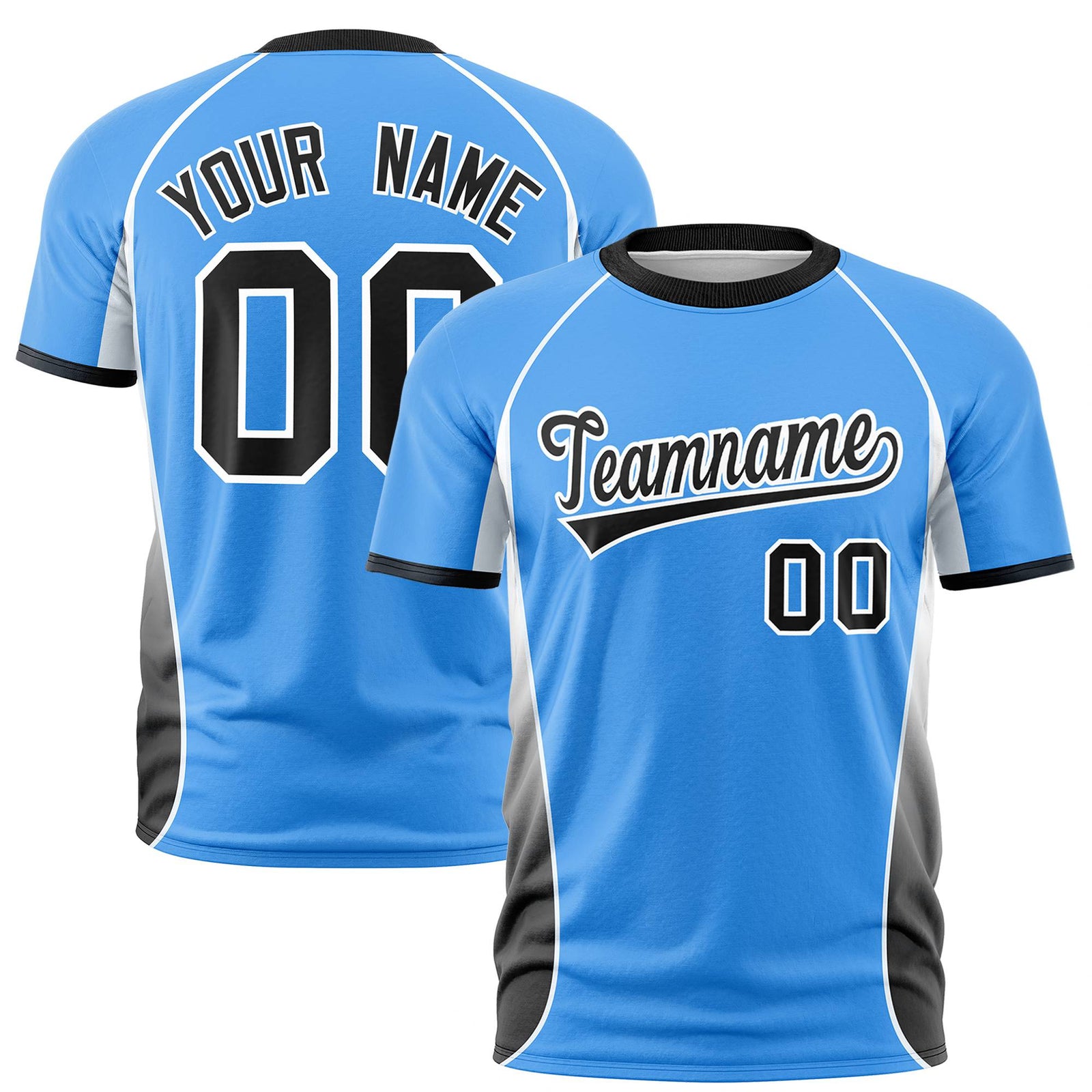 Custom Powder Blue White-Black Crew neck Side Gradient Fashion Performance T-Shirt