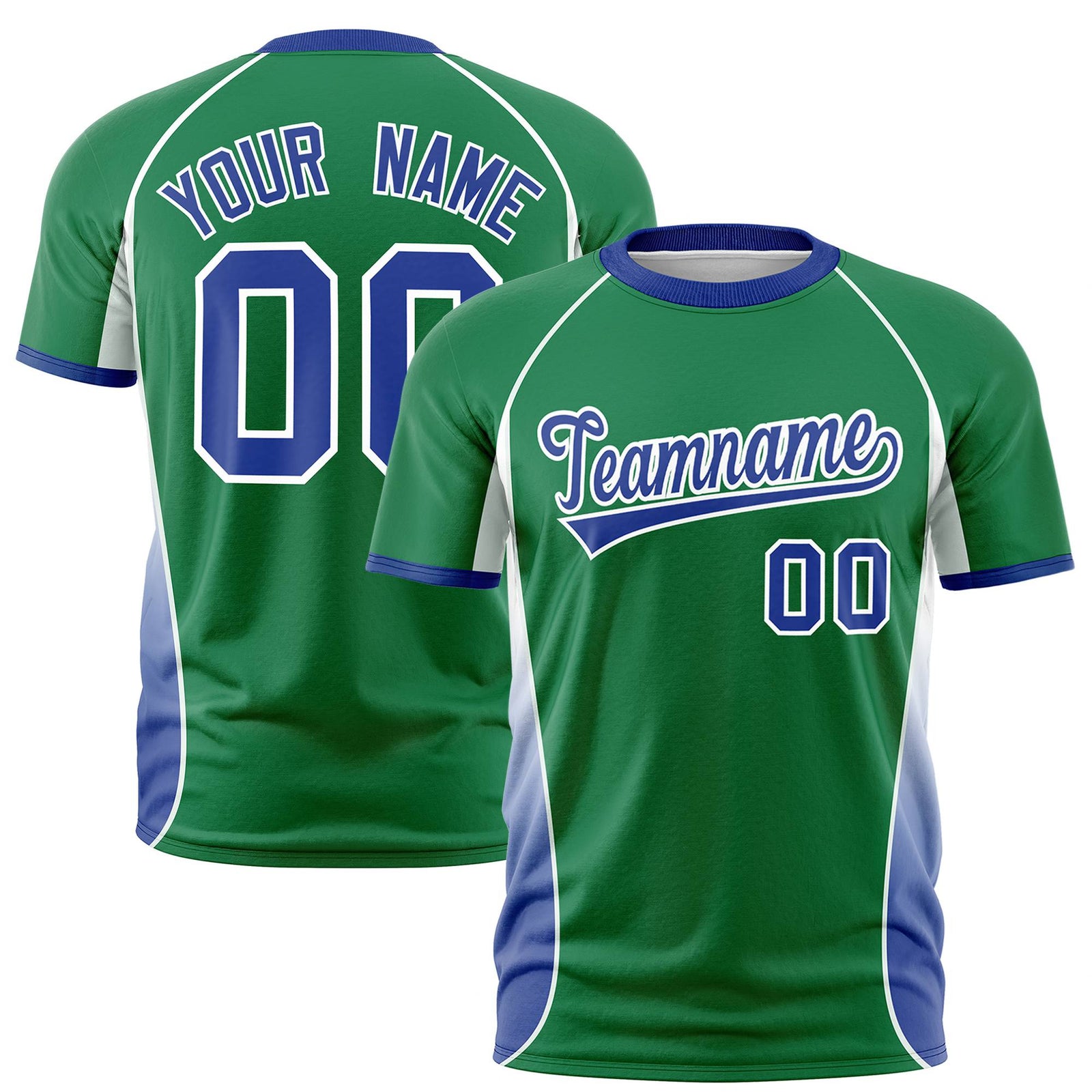 Custom Kelly Green White-Royal Blue Crew neck Side Gradient Fashion Performance T-Shirt