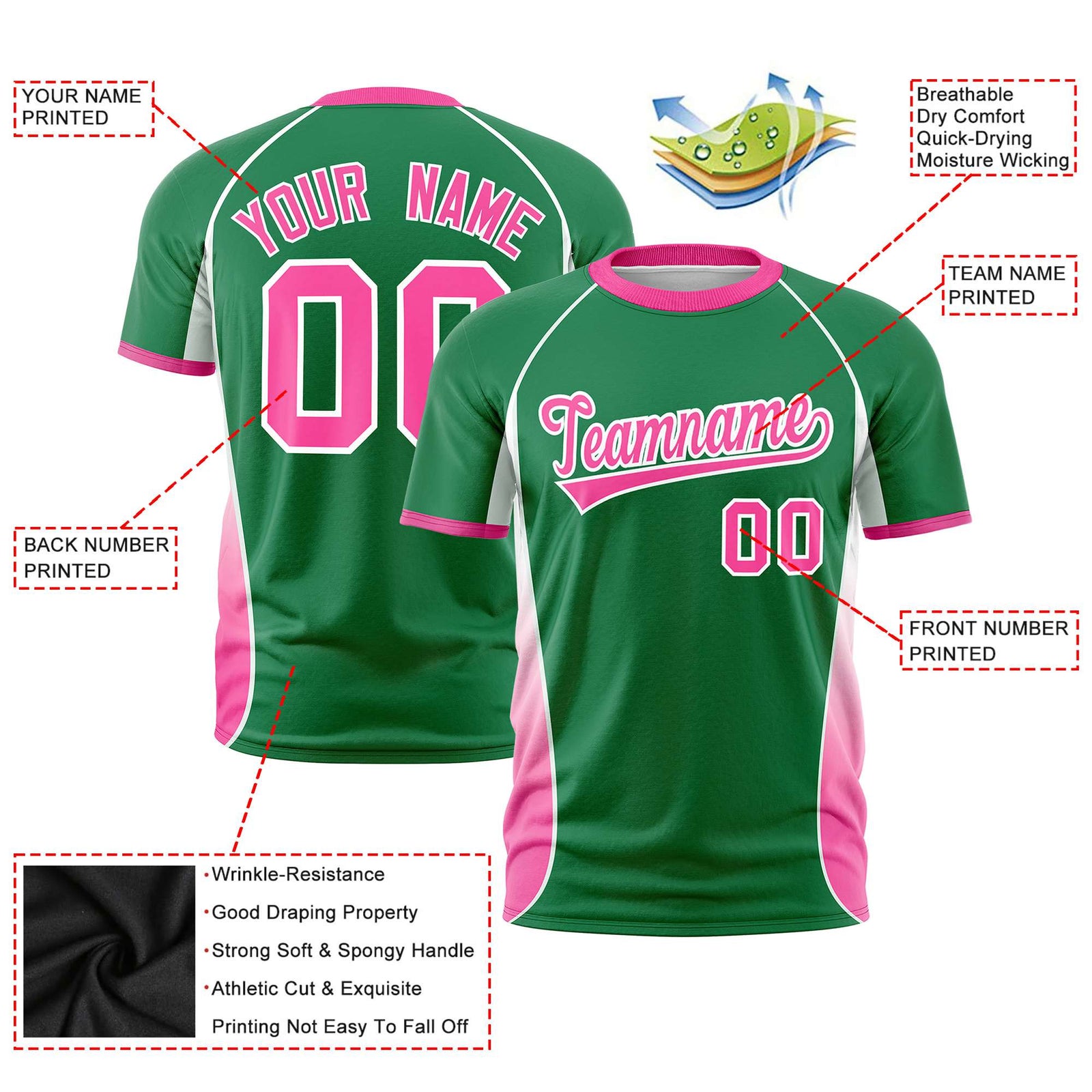 Custom Kelly Green White-Pink Crew neck Side Gradient Fashion Performance T-Shirt