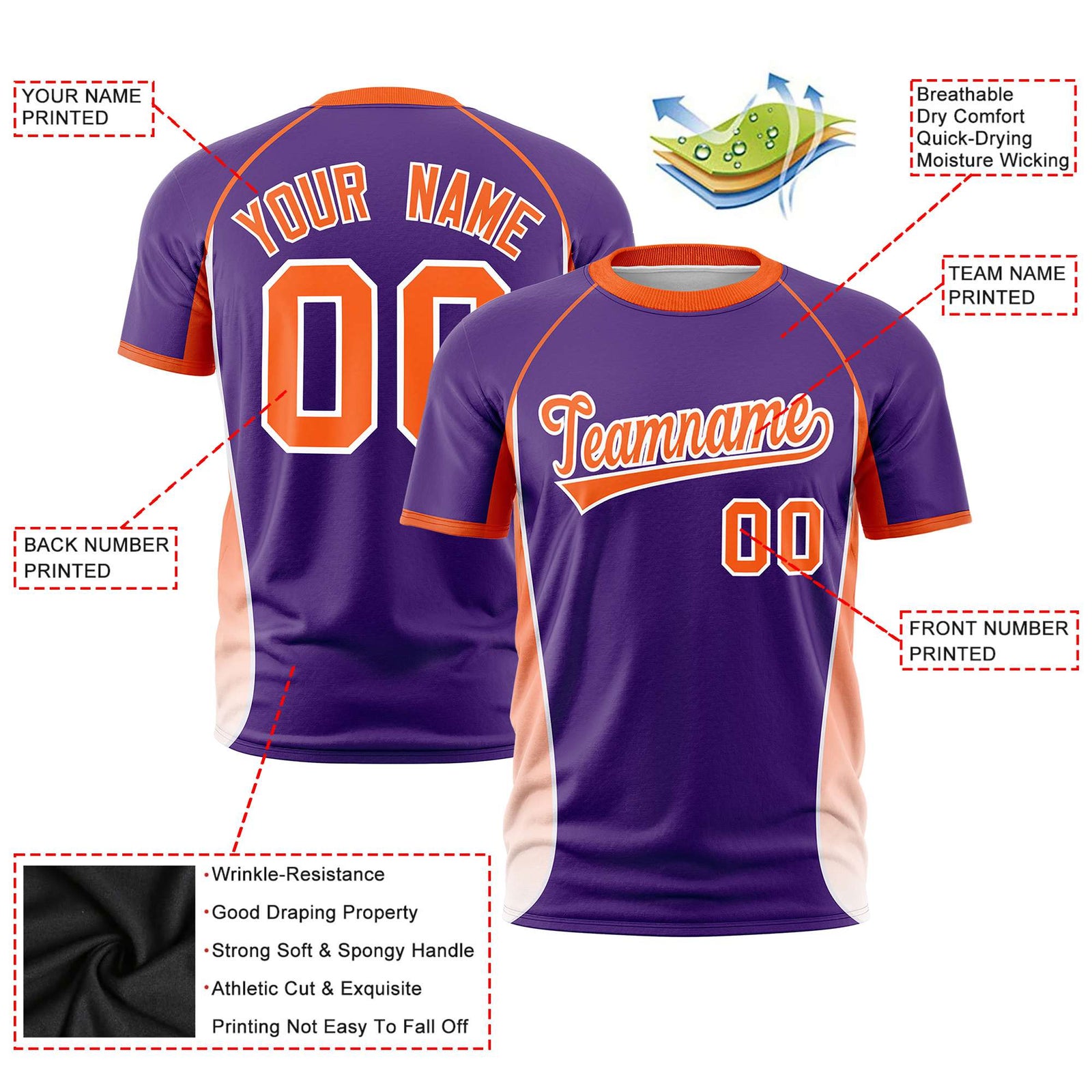 Custom Purple Orange-White Crew neck Side Gradient Fashion Performance T-Shirt