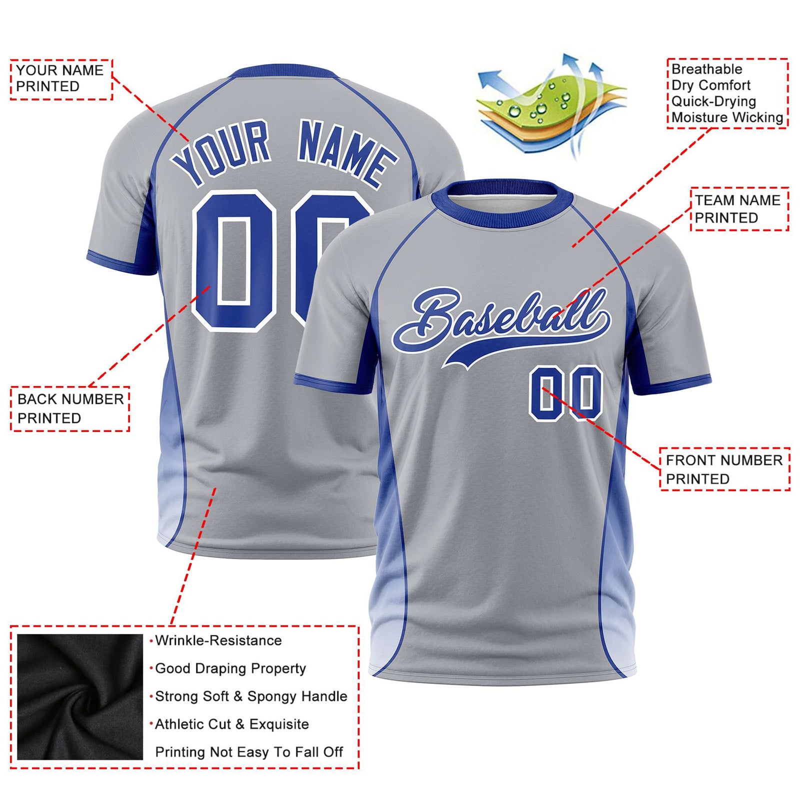 Custom Gray Royal Blue-White Crew neck Side Gradient Fashion Performance T-Shirt