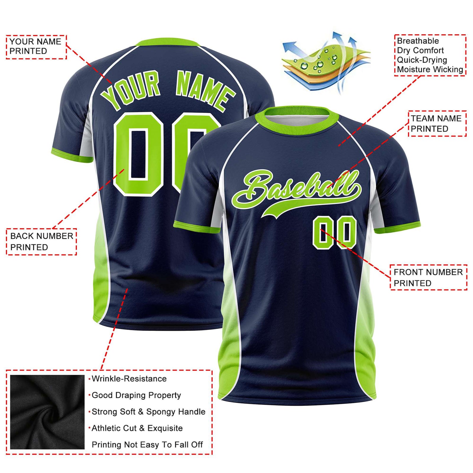 Custom Navy White-Neon Green Crew neck Side Gradient Fashion Performance T-Shirt