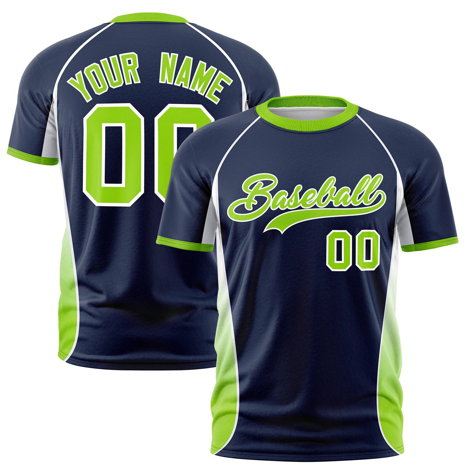 Custom Navy White-Neon Green Crew neck Side Gradient Fashion Performance T-Shirt