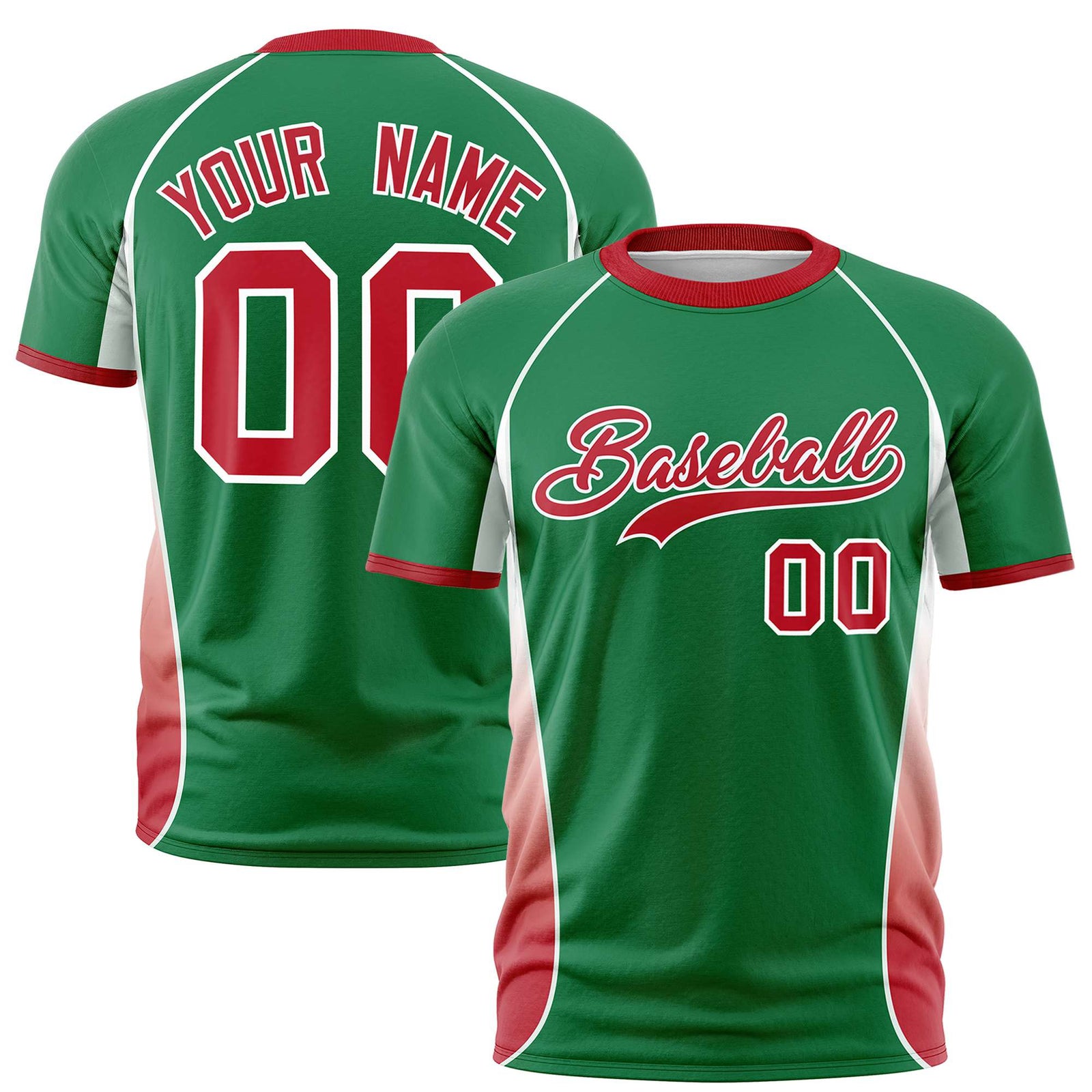 Custom Kelly Green White-Red Crew neck Side Gradient Fashion Performance T-Shirt