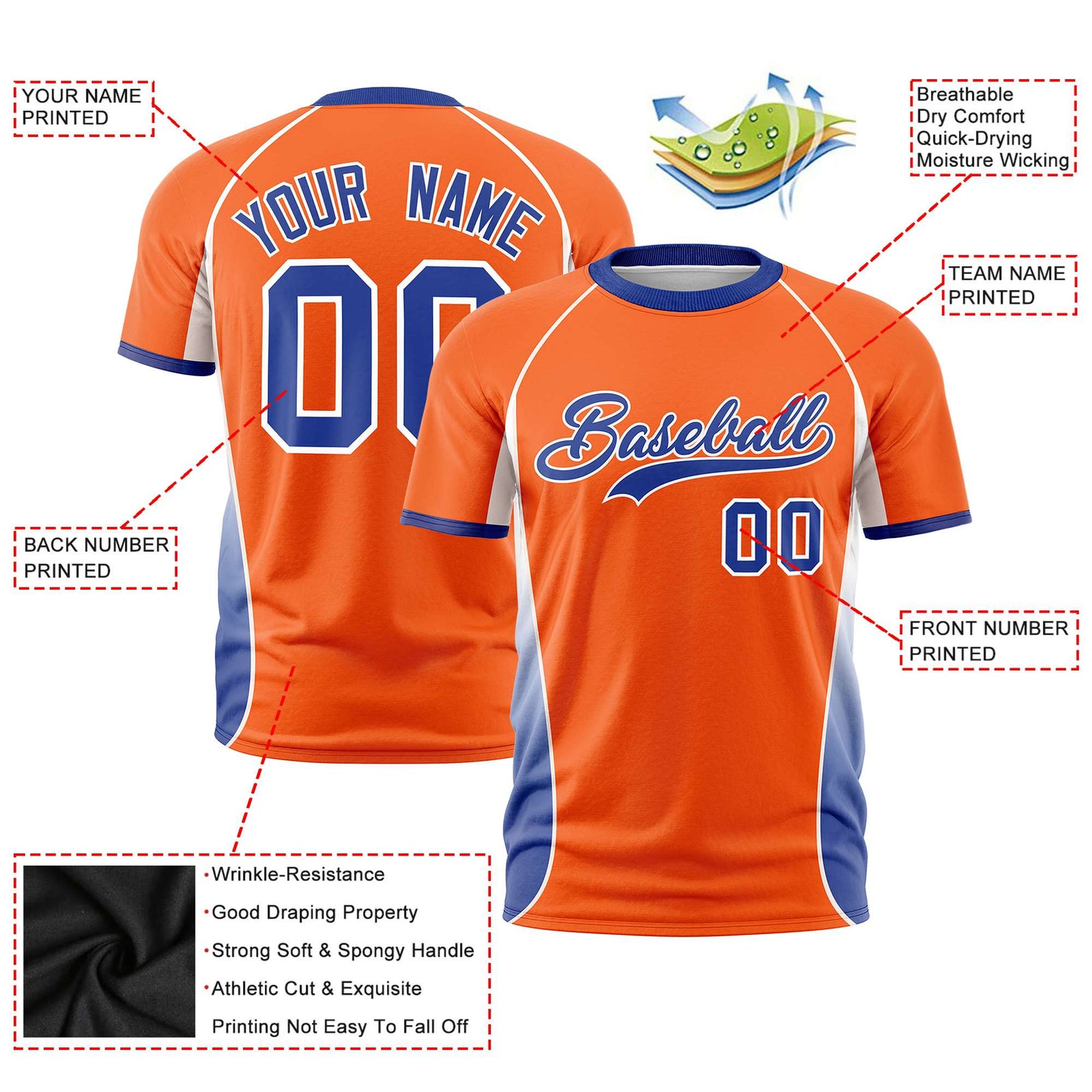 Custom Orange White-Royal Blue Crew neck Side Gradient Fashion Performance T-Shirt